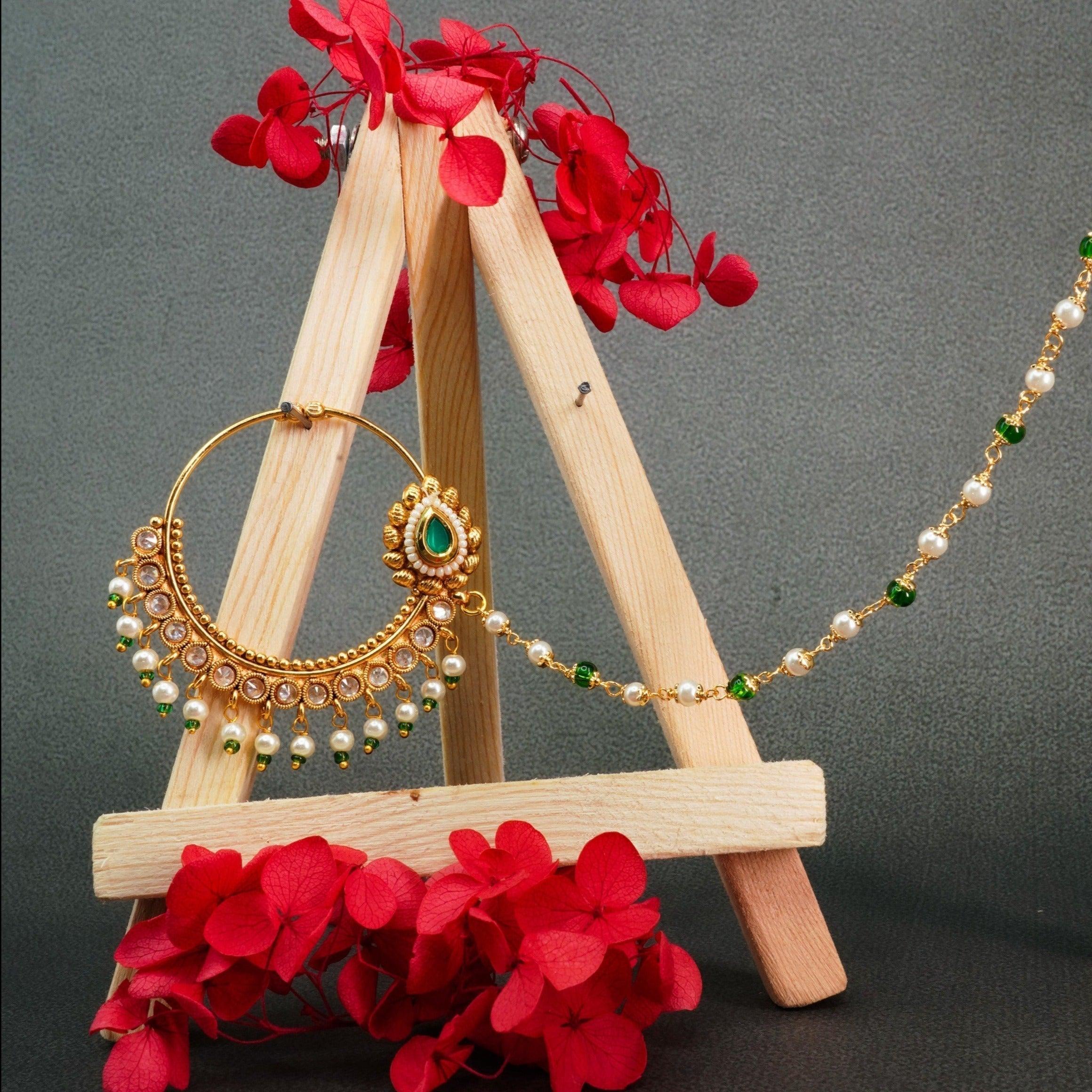 Gold Plated Nosepin / Nath with pearl hanging 9680N - Griiham