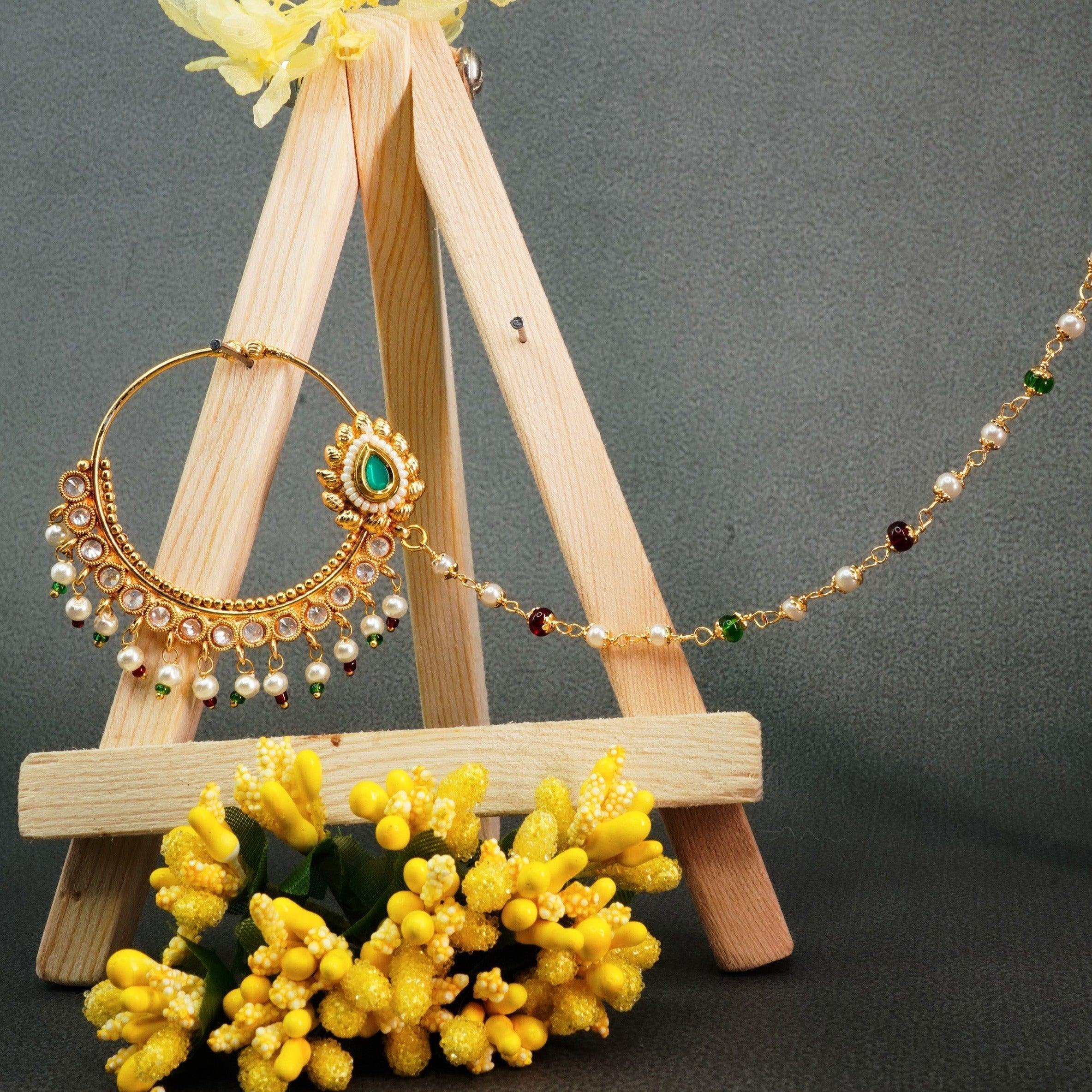 Gold Plated Nosepin / Nath with pearl hanging 9682N - Griiham