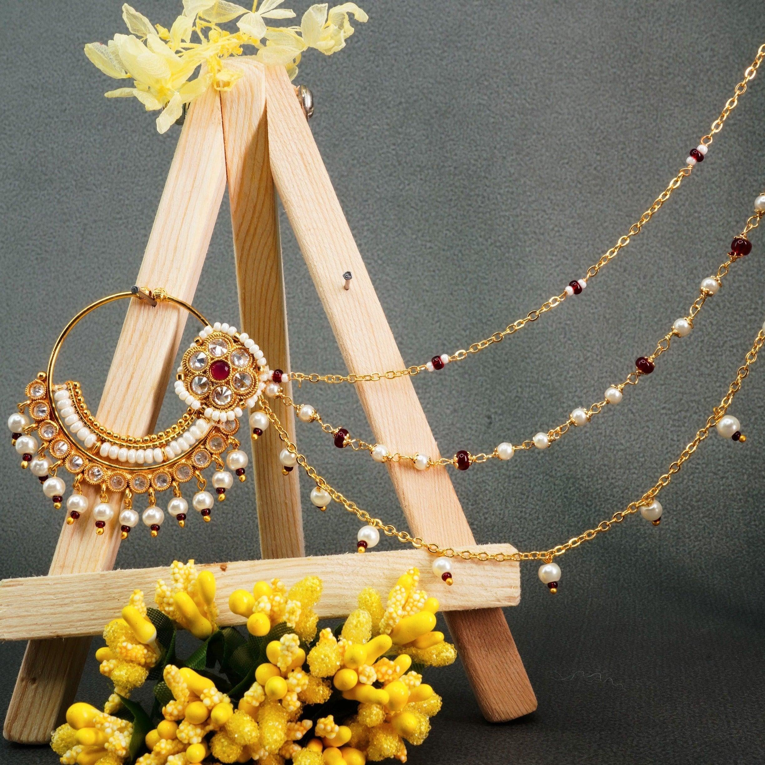 Gold Plated Nosepin / Nath with pearl hanging 9688N - Griiham
