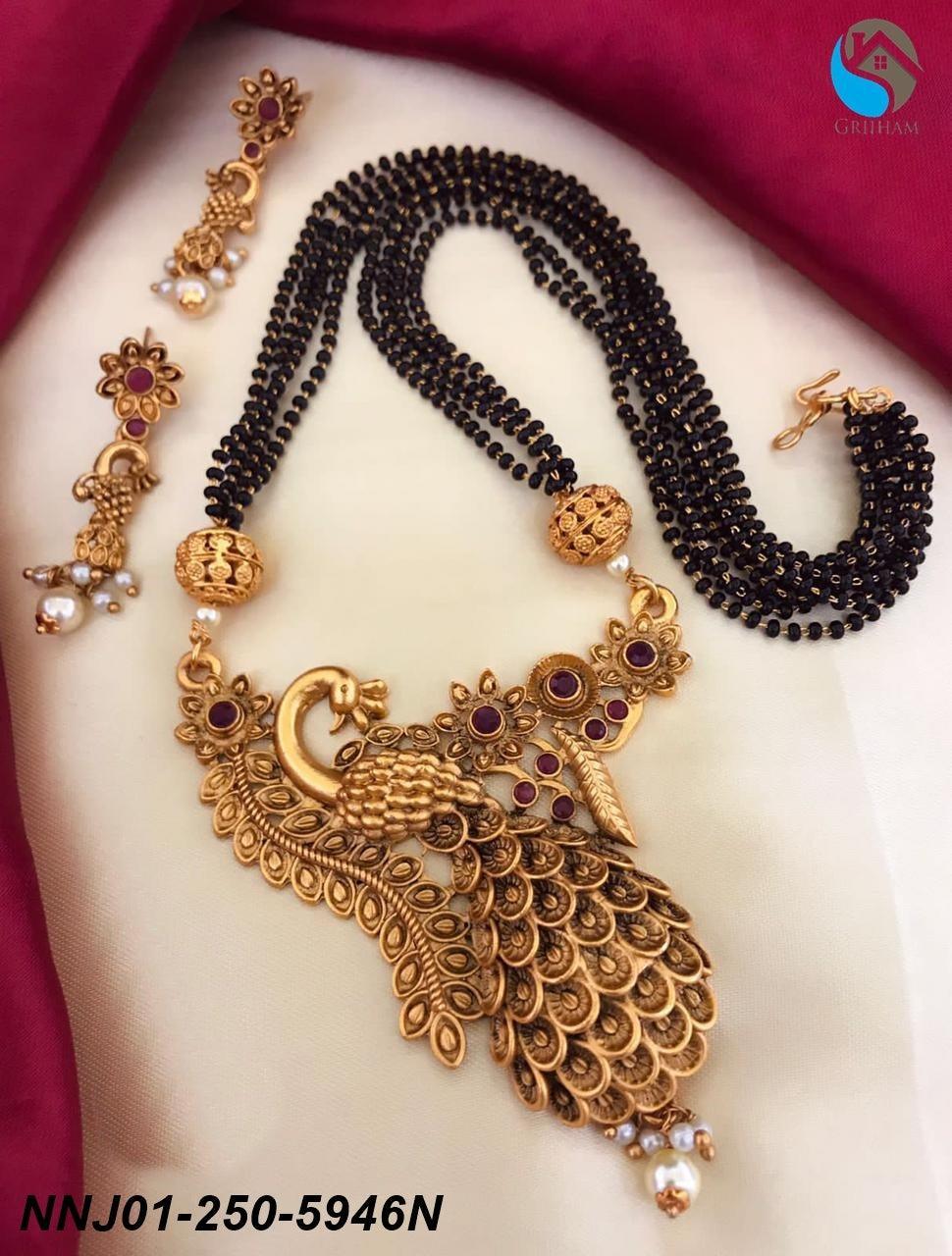 Gold Plated Peacock Pendant design with Black crystal mala 5946N