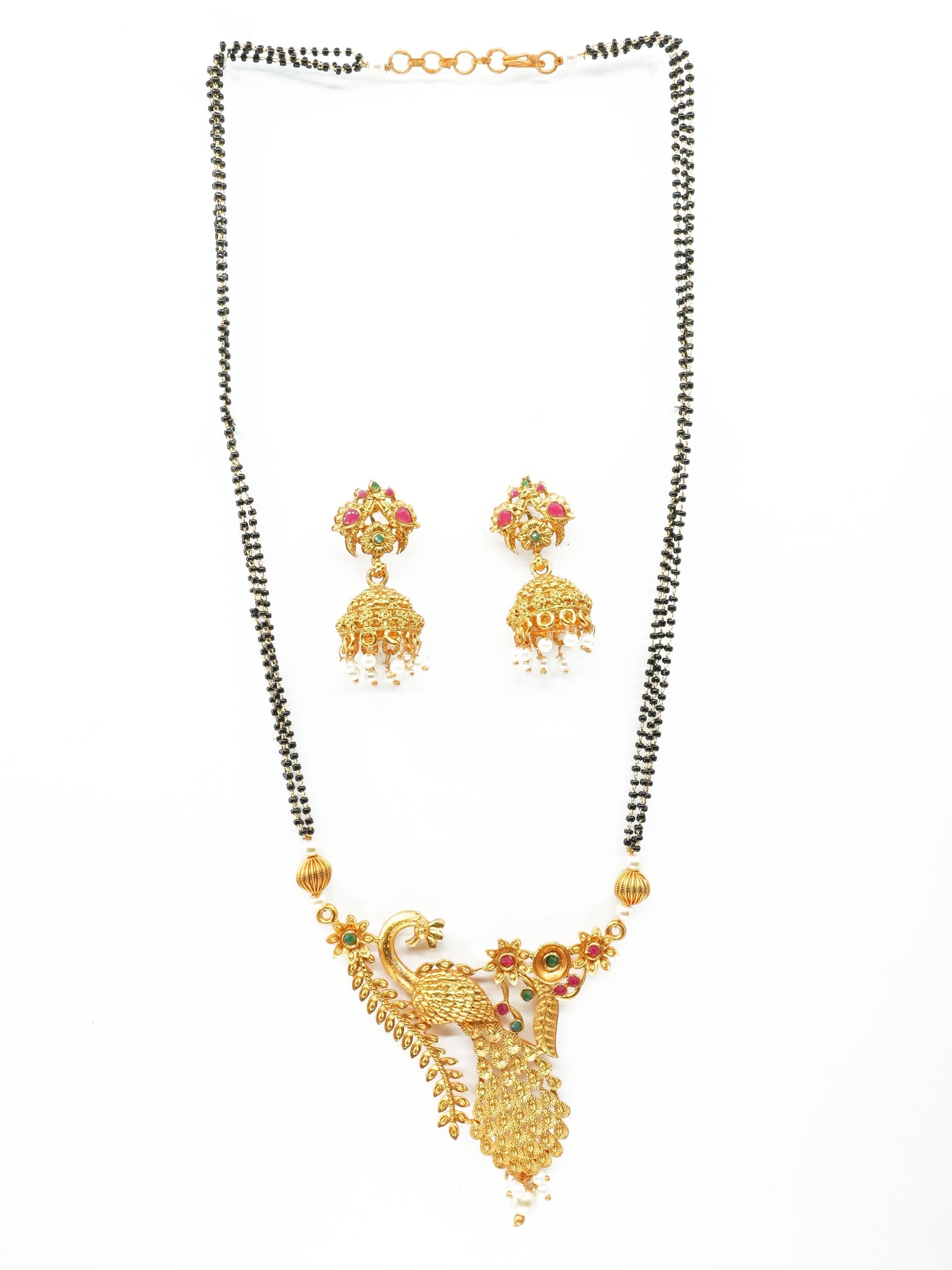 Gold Plated Peacock Pendant design with Black crystal mala 5946N - Griiham