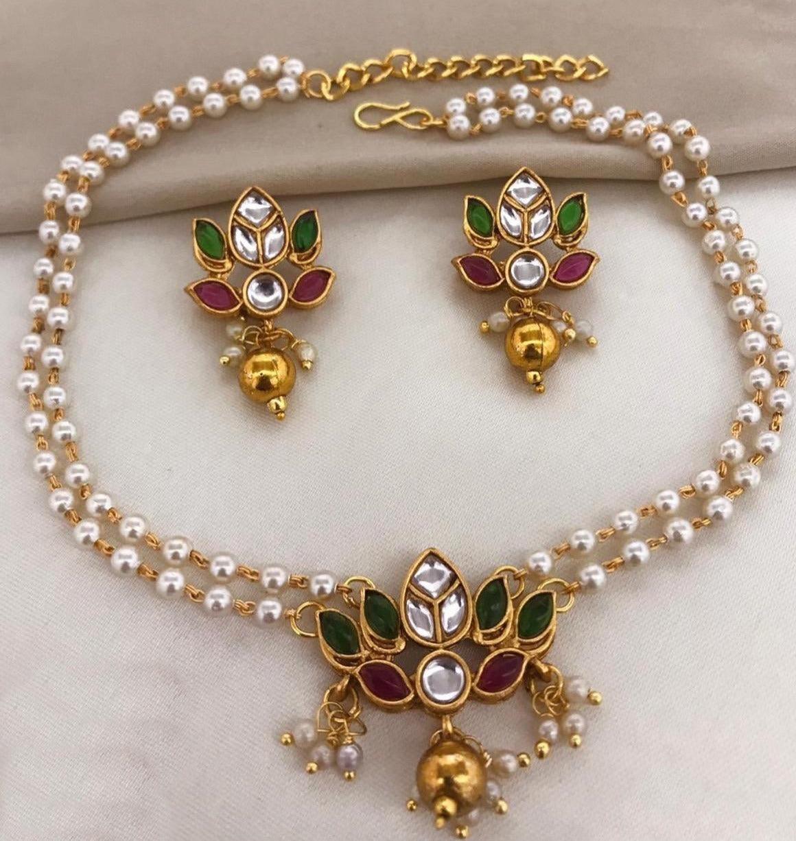 Gold Plated Pendant Set with pearl mala - Griiham