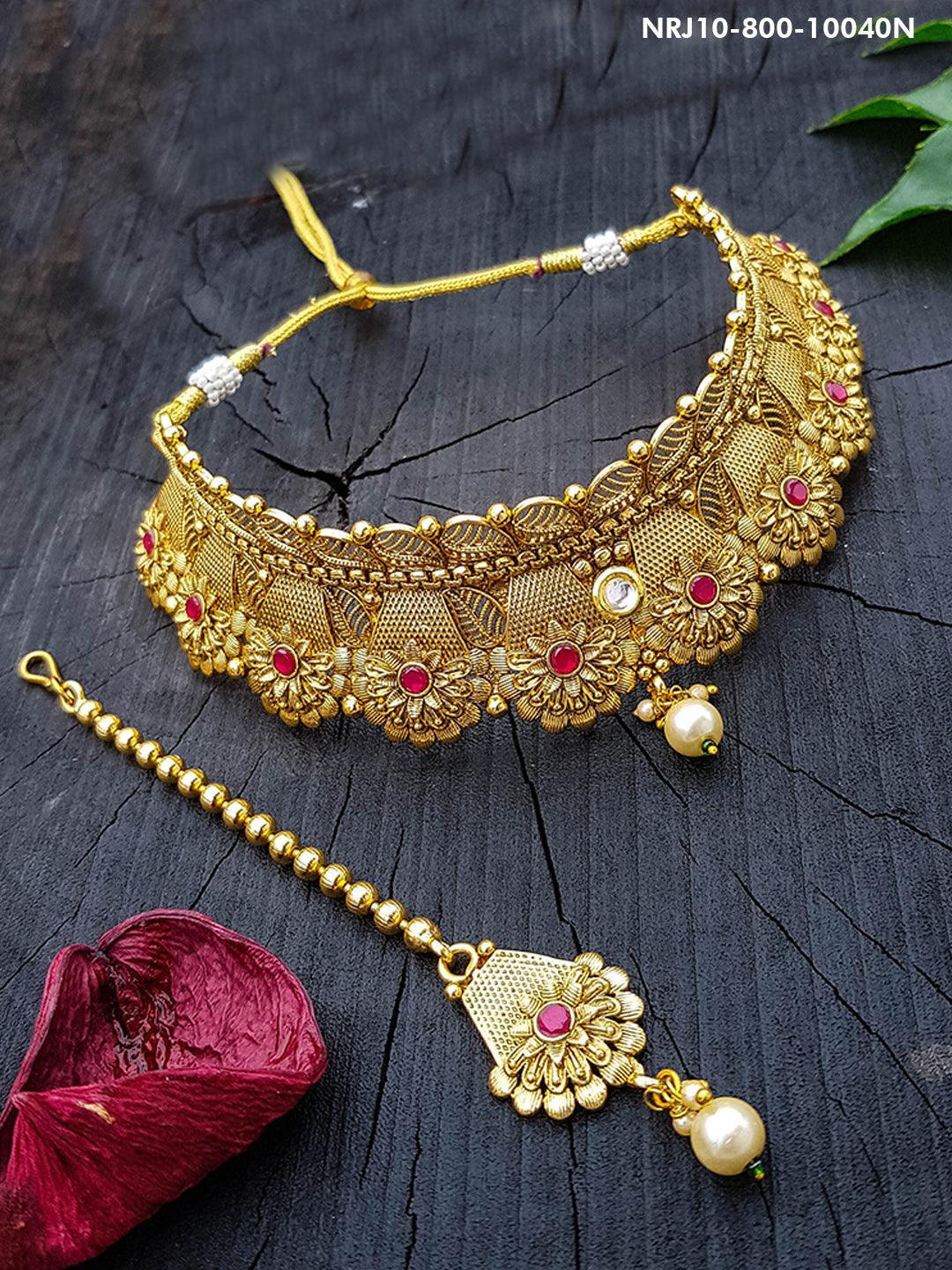 Gold Plated Premium Choker Necklace with Tikka Necklace (ONLY Necklace)