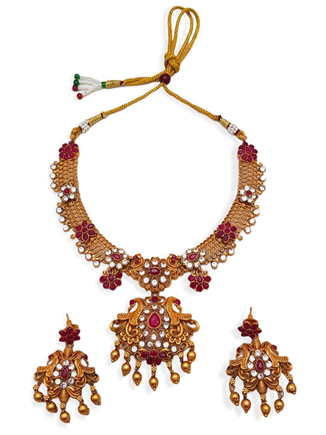 Gold Plated Premium Finish Peacock motif Necklace Set with Multi Color stones 6701N - Griiham