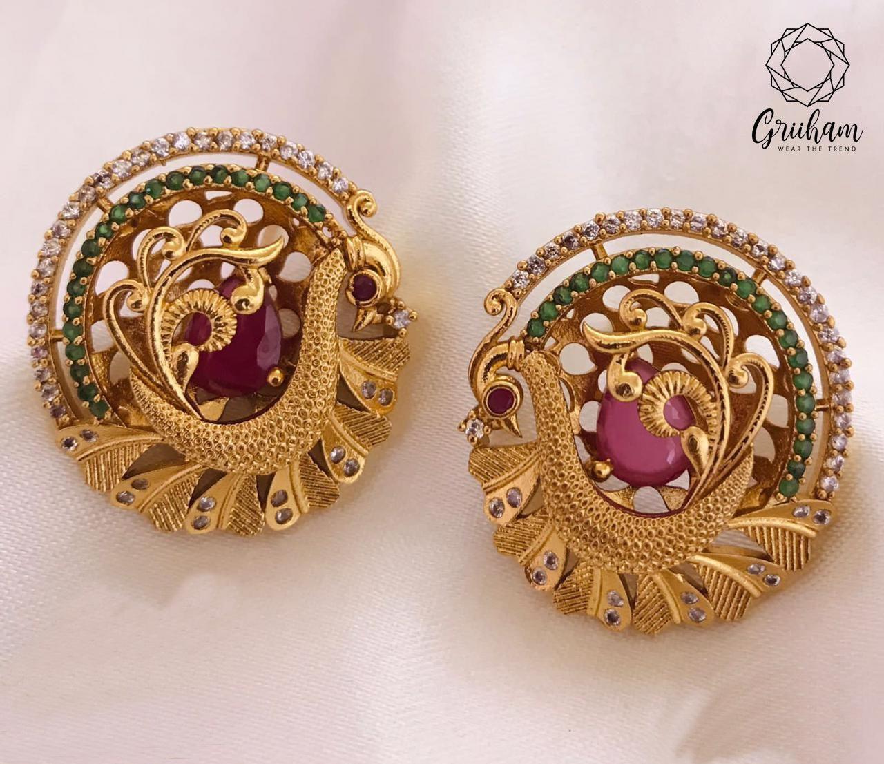 Gold Plated Premium quality AD Jhumki/Earrings Peacock design 6922N