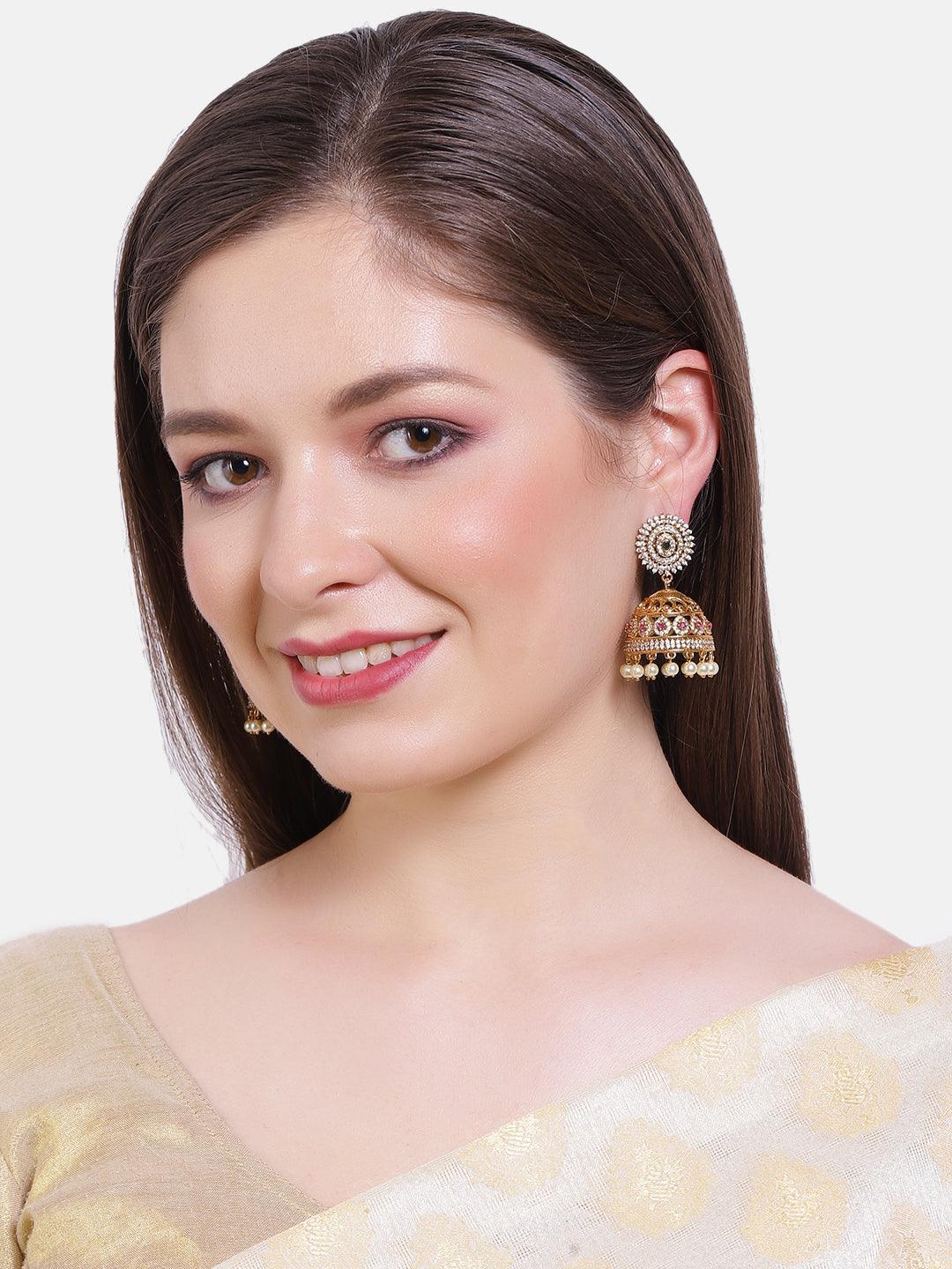 Gold Plated Real Kemp Stone Earrings Jhumka - Griiham