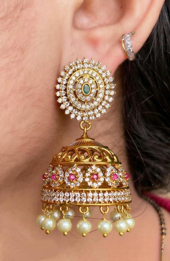 Gold Plated Real Kemp Stone Earrings Jhumka - Griiham