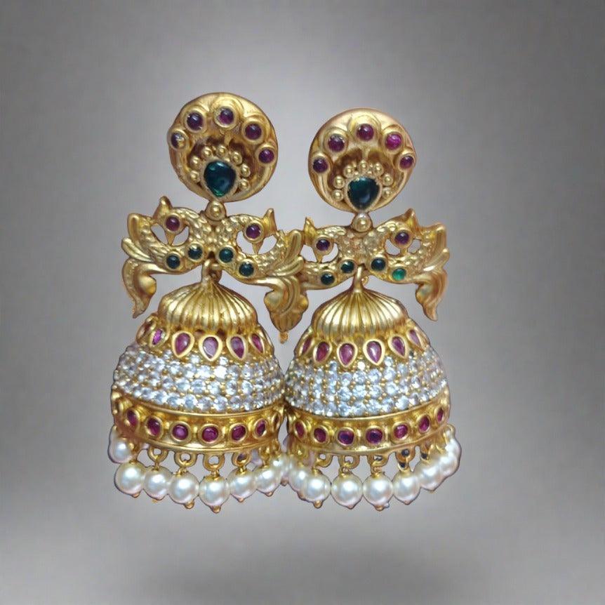 Gold Plated Real Kemp Stone Earrings Jhumka