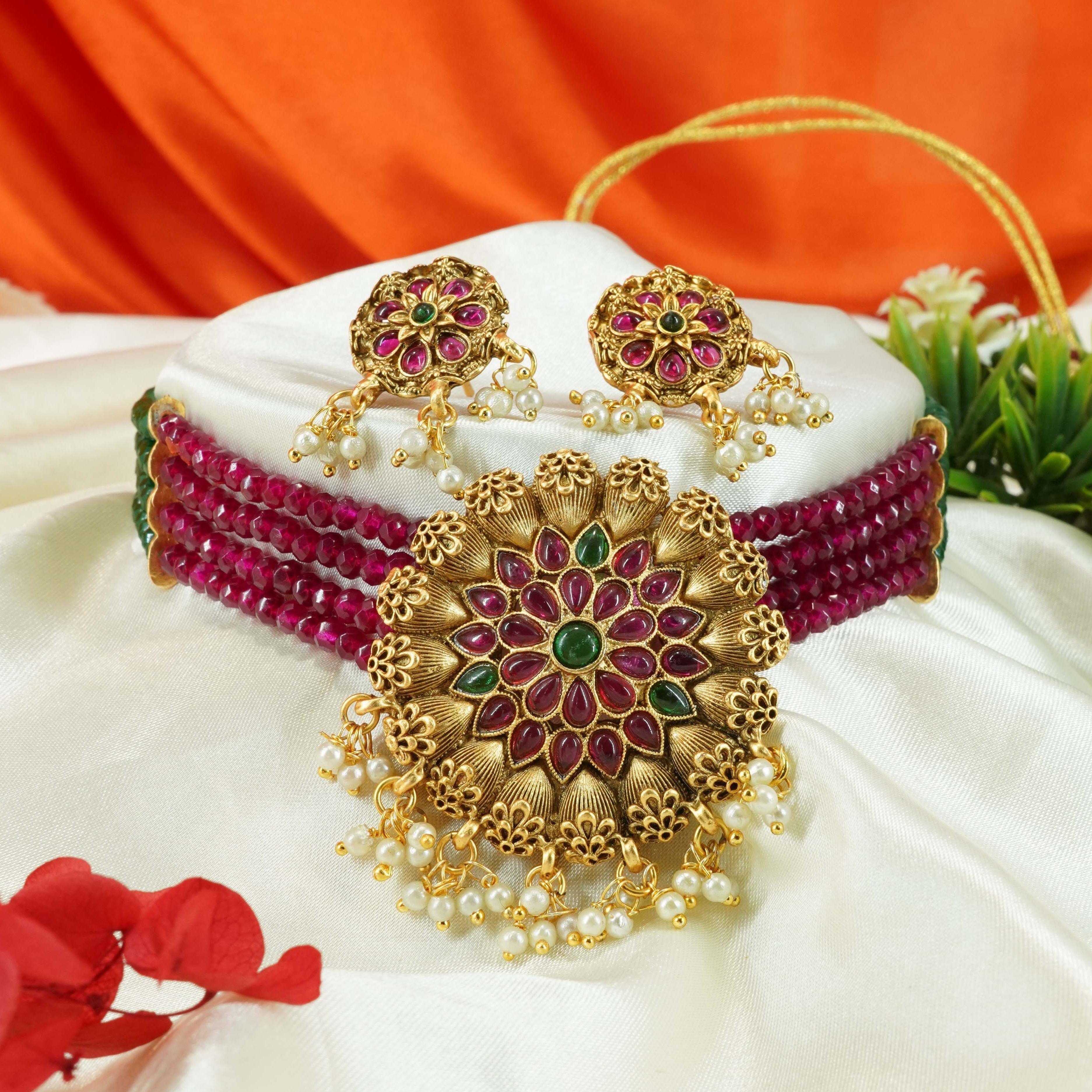 Gold Plated Royal Short Multicolor crystal Choker Necklace set 10383N - Griiham