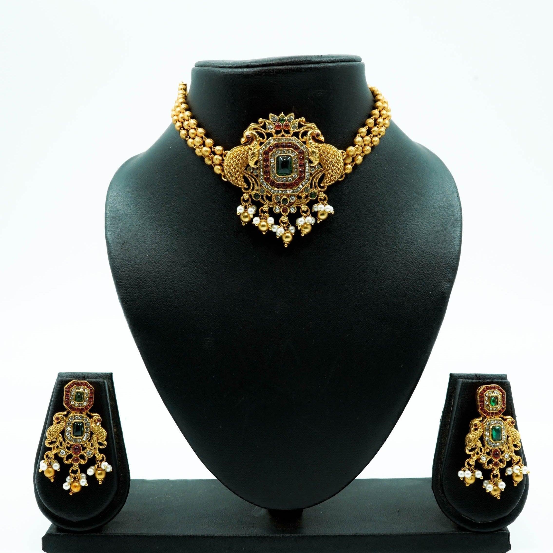 Gold Plated Royal Short Peacock Choker Necklace set - Griiham