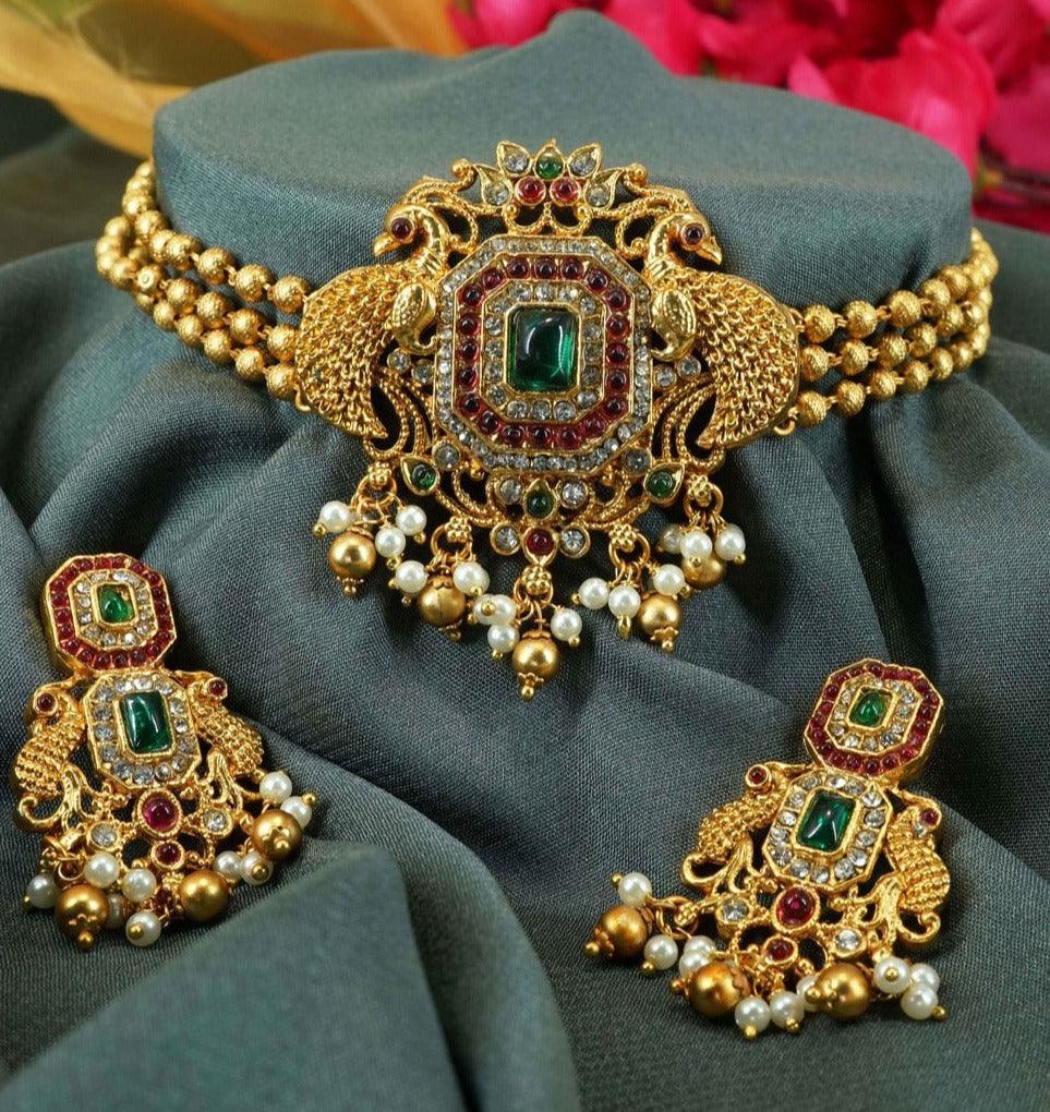 Gold Plated Royal Short Peacock Choker Necklace set