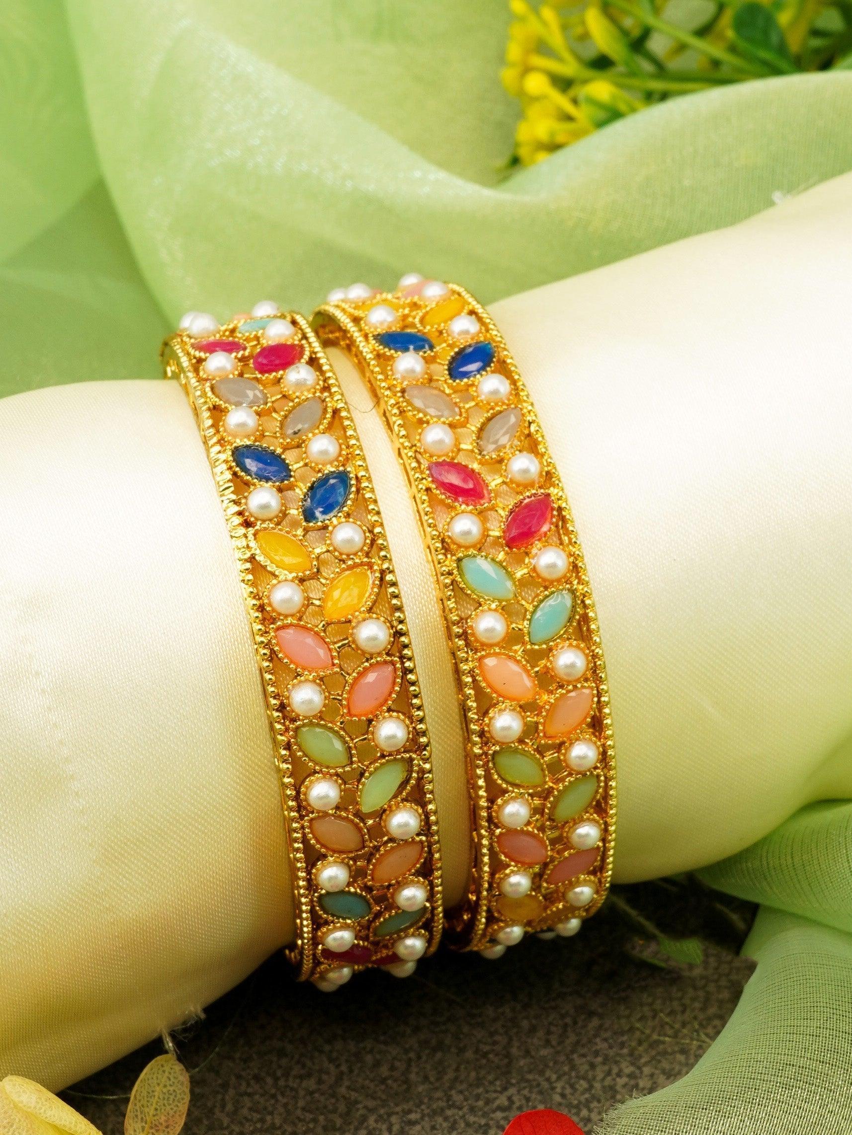 Gold Plated Set of 2 designer Bangles with Multicolor stones and pearl 8108A - Griiham