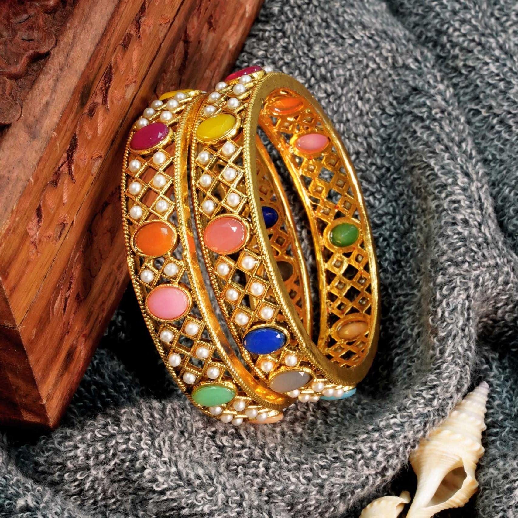 Gold Plated Set of 2 designer Bangles with Navaratna AD stones and pearl 7774A - Griiham