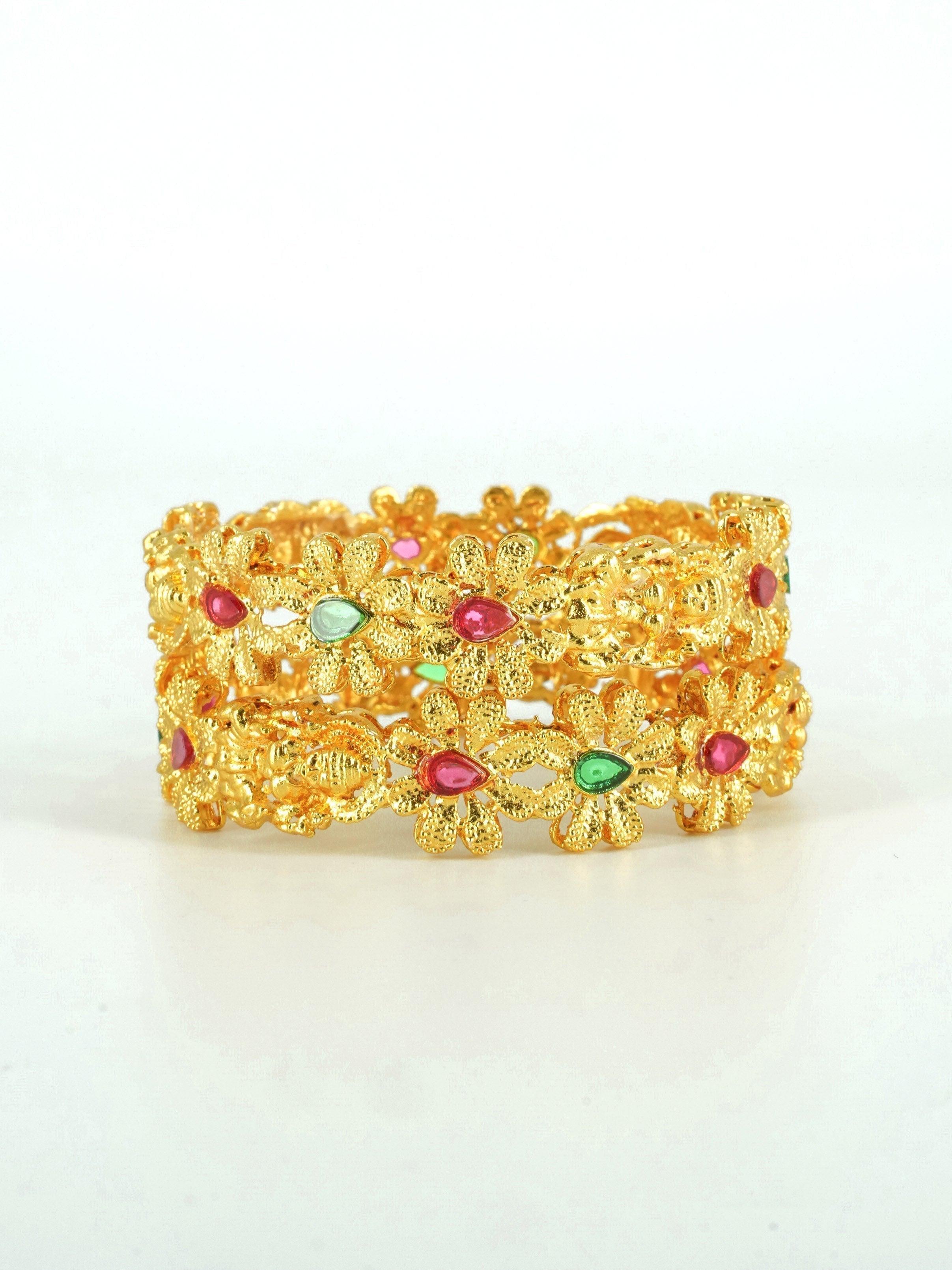 Gold Plated Set of 2 designer Bangles with Ruby 8507C - Griiham