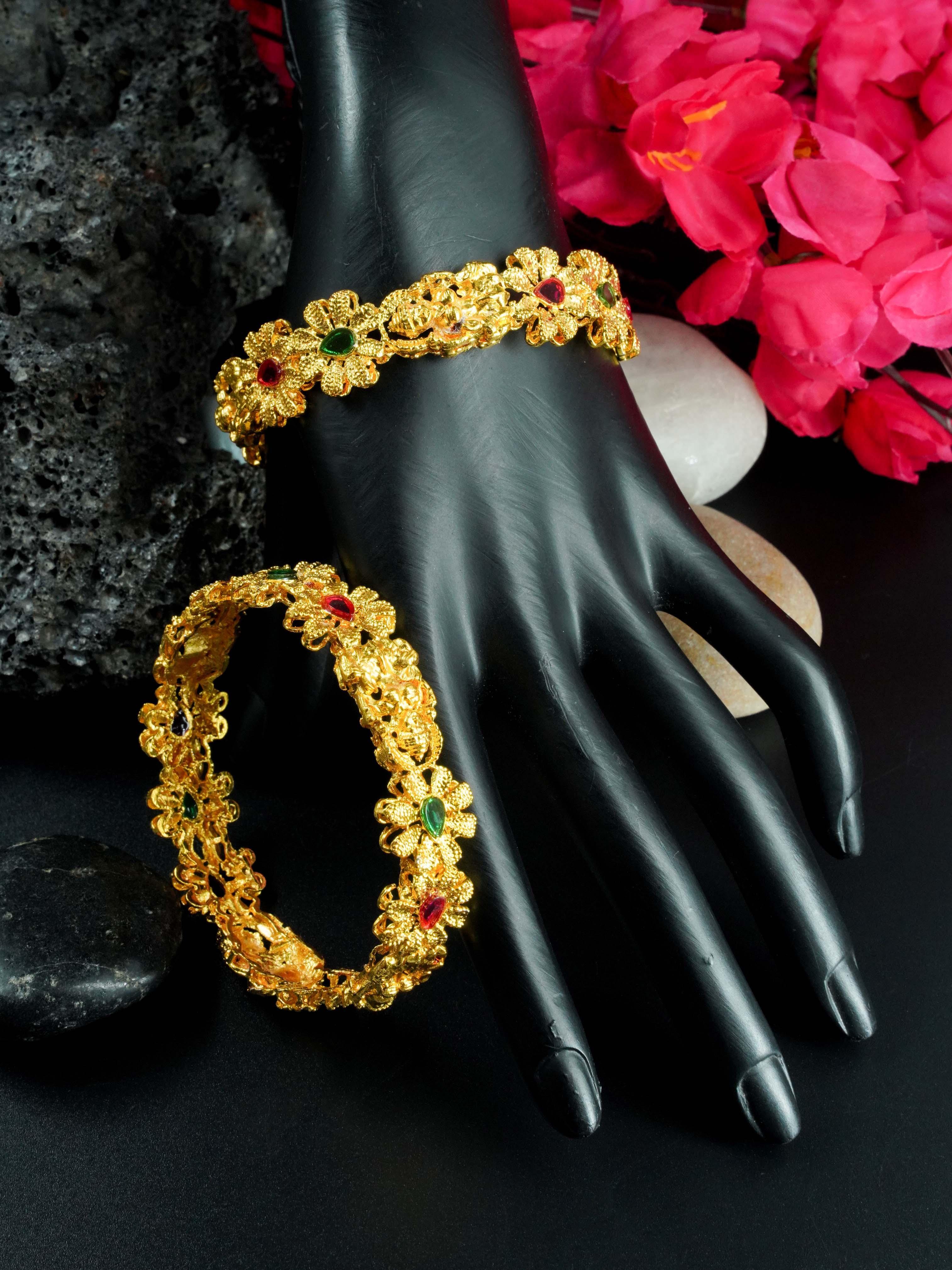 Gold Plated Set of 2 designer Bangles with Ruby 8507C - Griiham