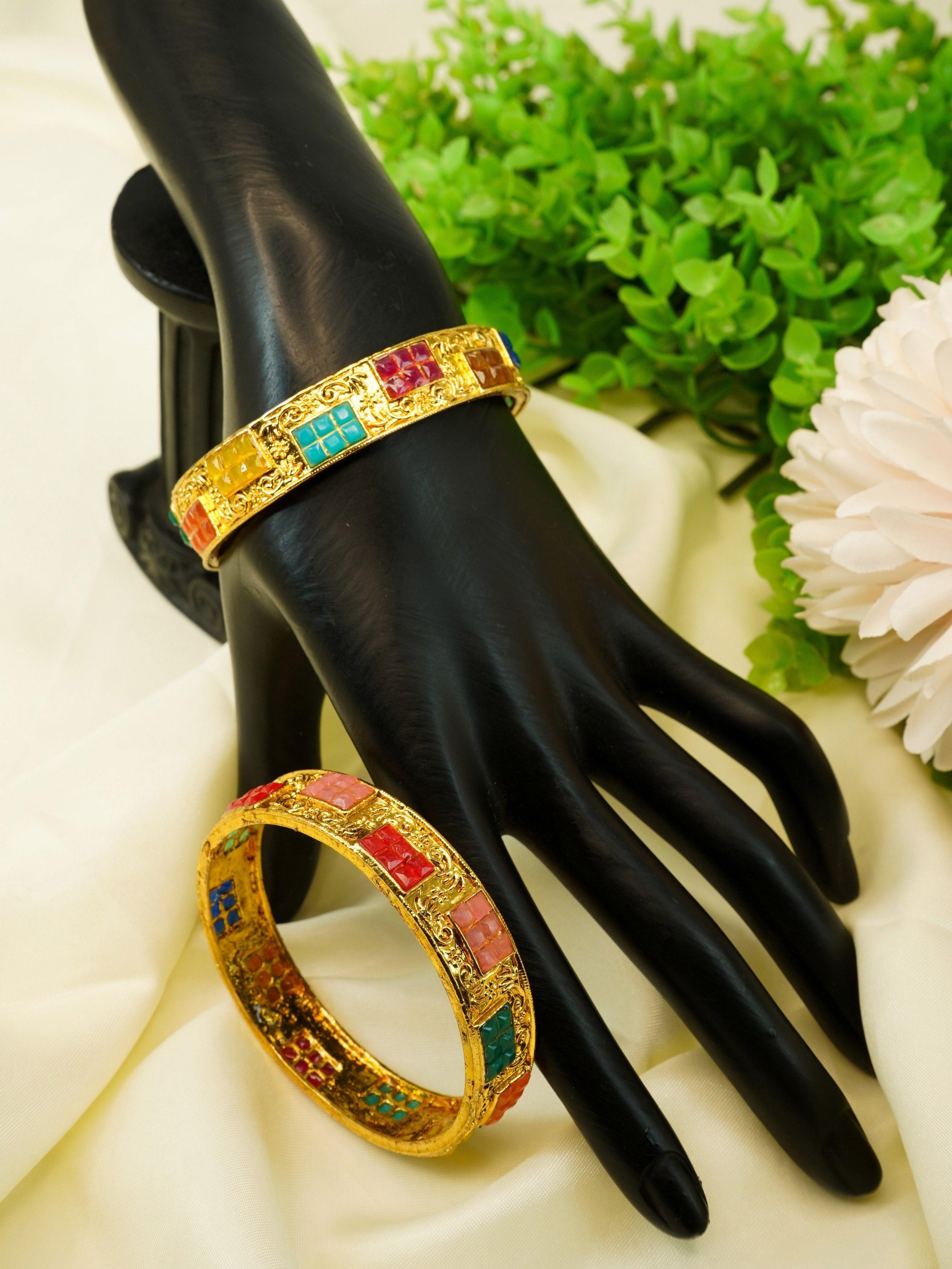 Gold Plated Set of 2 designer Bangles with colored stones 10266A - Griiham