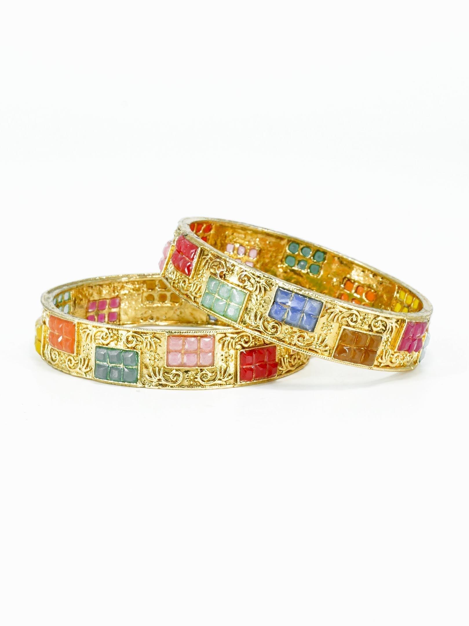 Gold Plated Set of 2 designer Bangles with colored stones 10266A - Griiham