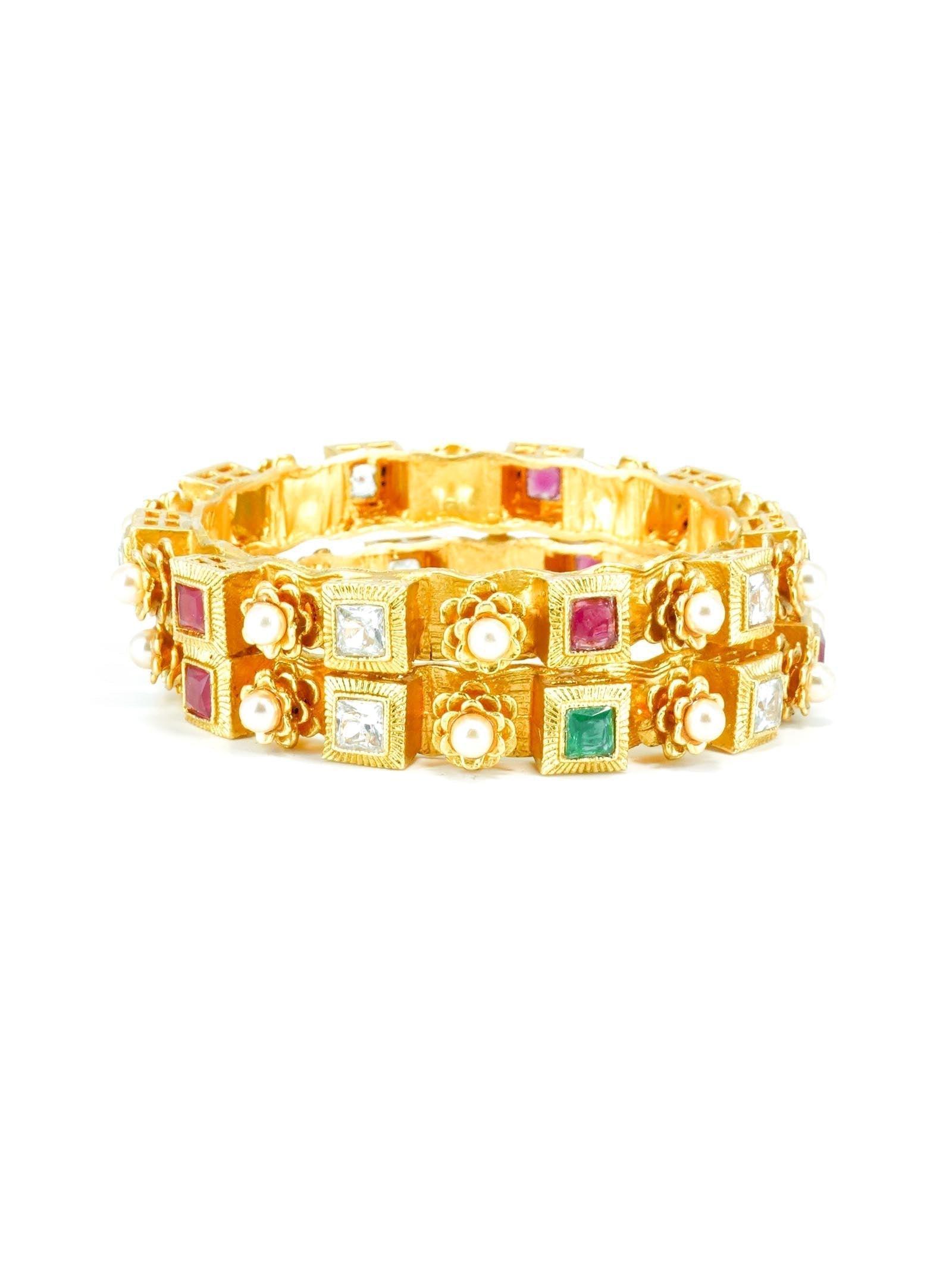 Gold Plated Set of 2 designer Bangles with colored stones 10275A - Griiham