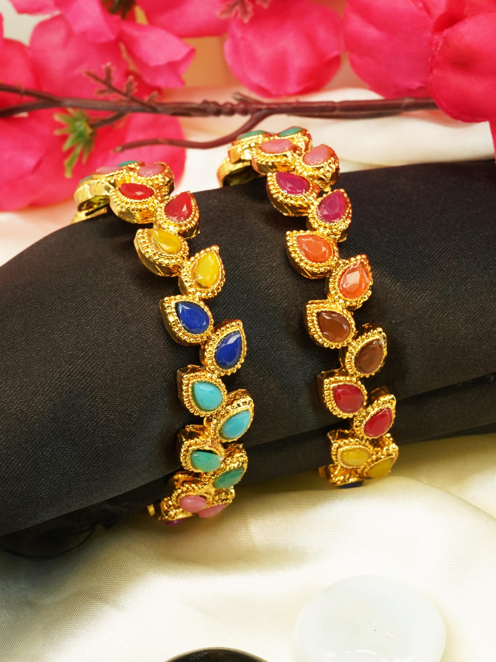 Gold Plated Set of 2 designer Bangles with colored stones 10311A - Griiham