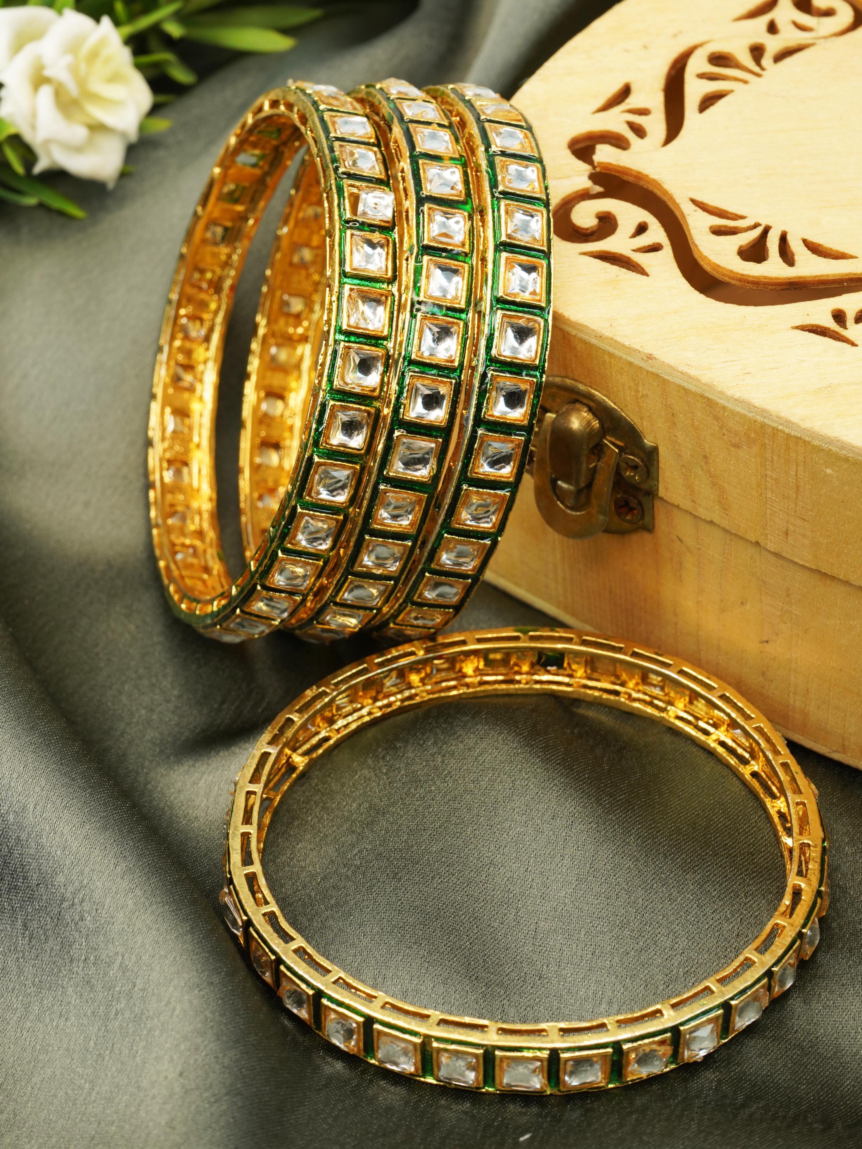 Gold Plated Set of 4 designer Bangles with Kundan/colored stones 10269A - Griiham