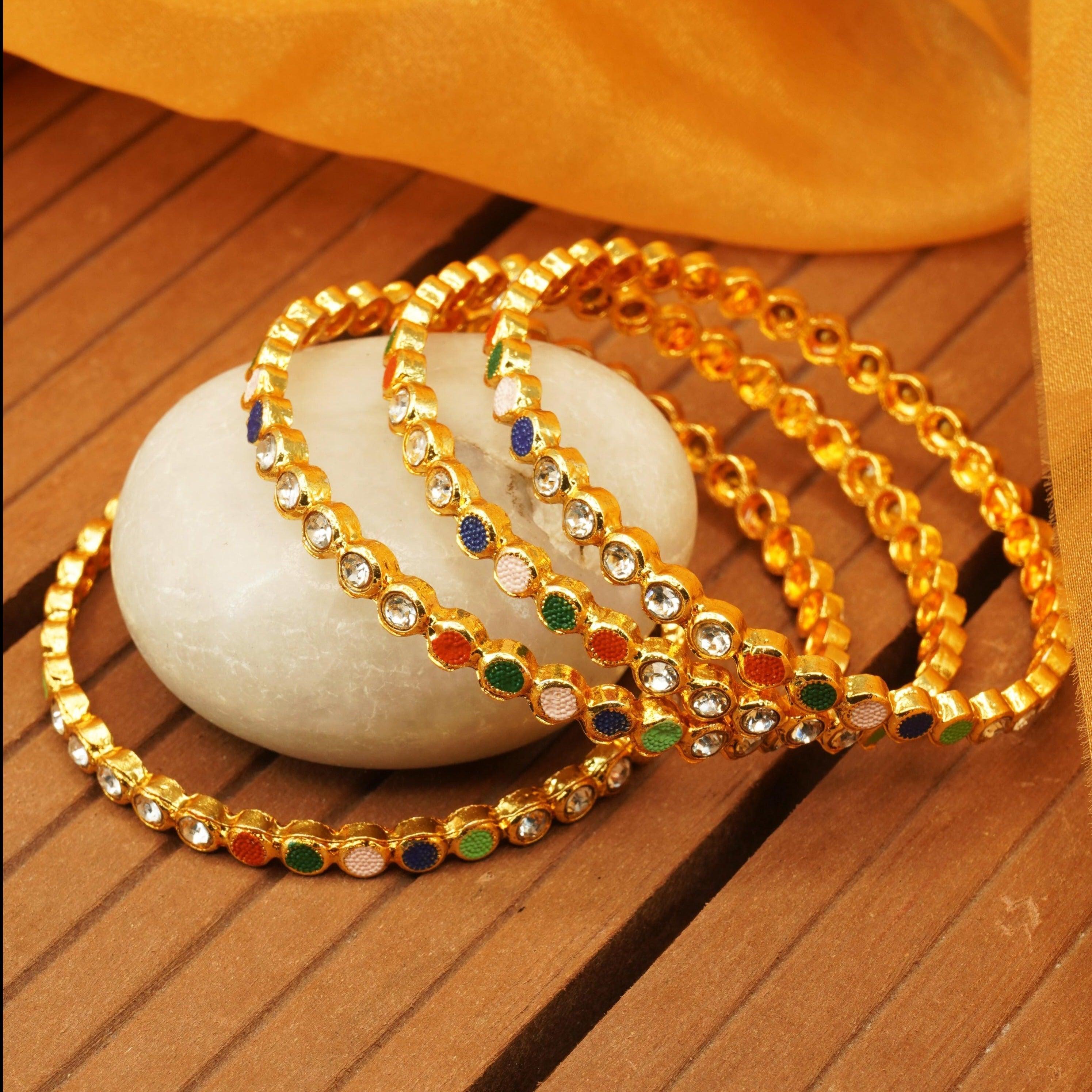Gold Plated Set of 4 designer Bangles with Kundan/colored stones 10281A - Griiham