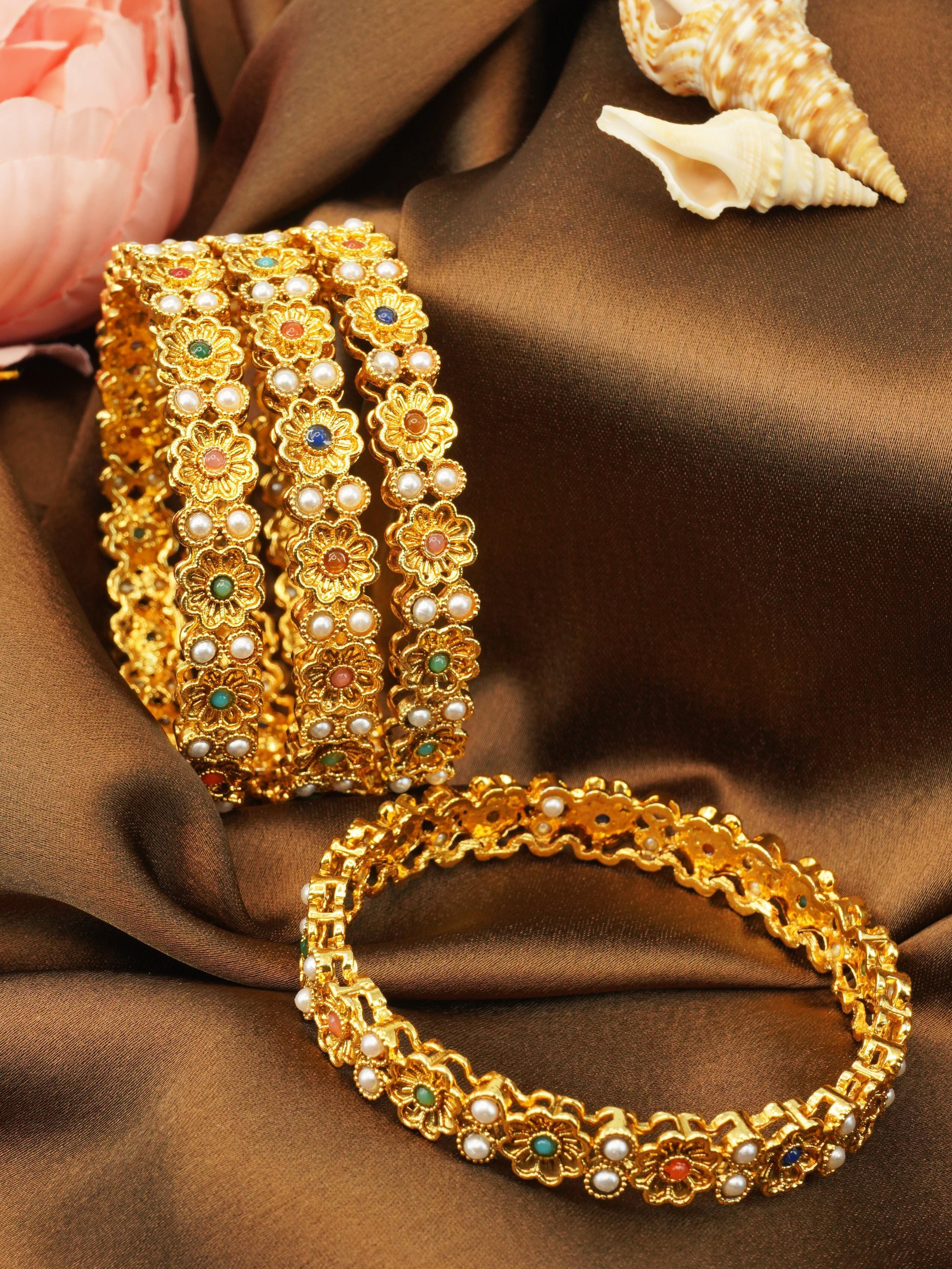 Gold Plated Set of 4 designer Bangles with Kundan/colored stones 10299A - Griiham