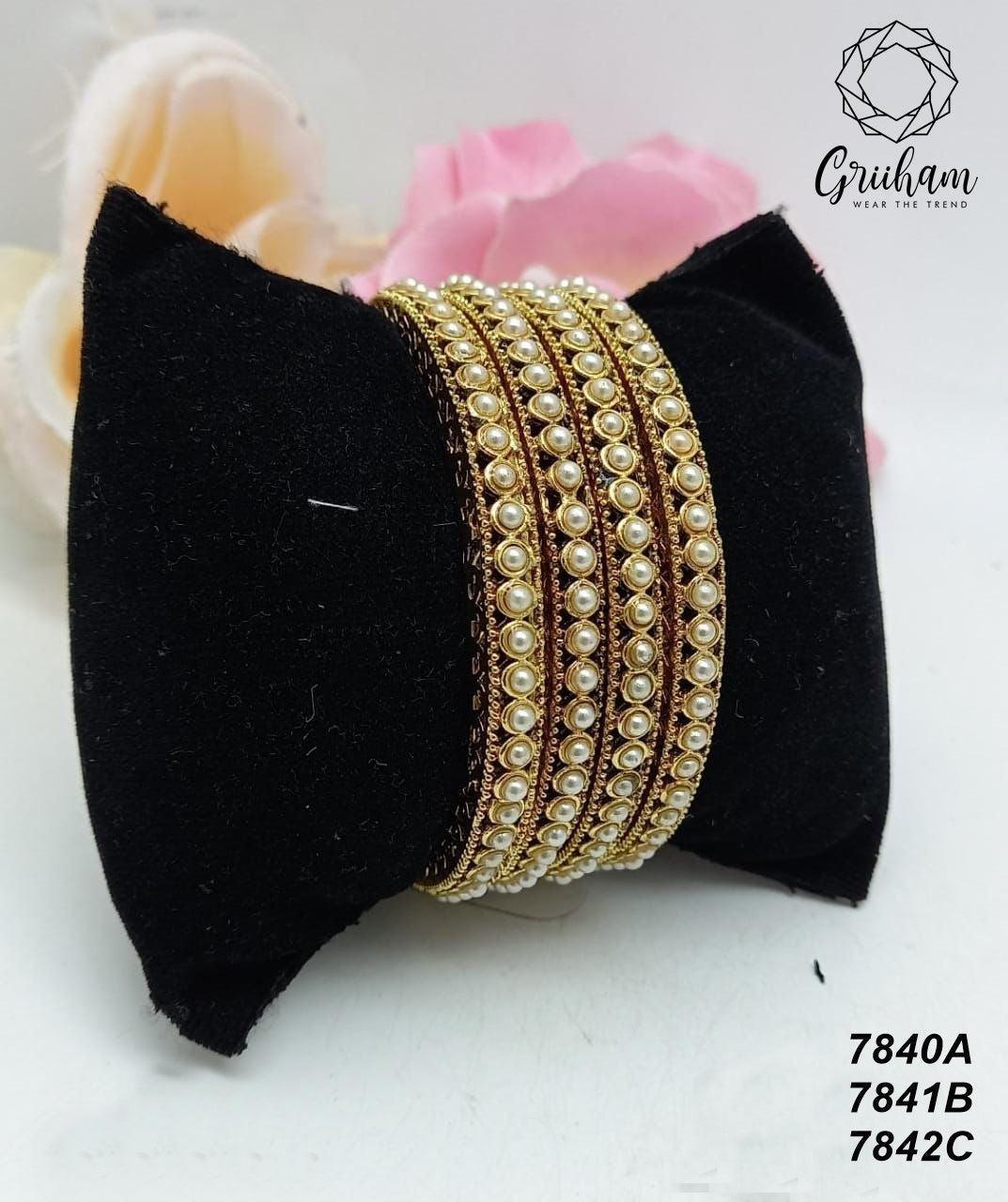 Gold Plated Set of 4 designer Bangles with pearl 7840A