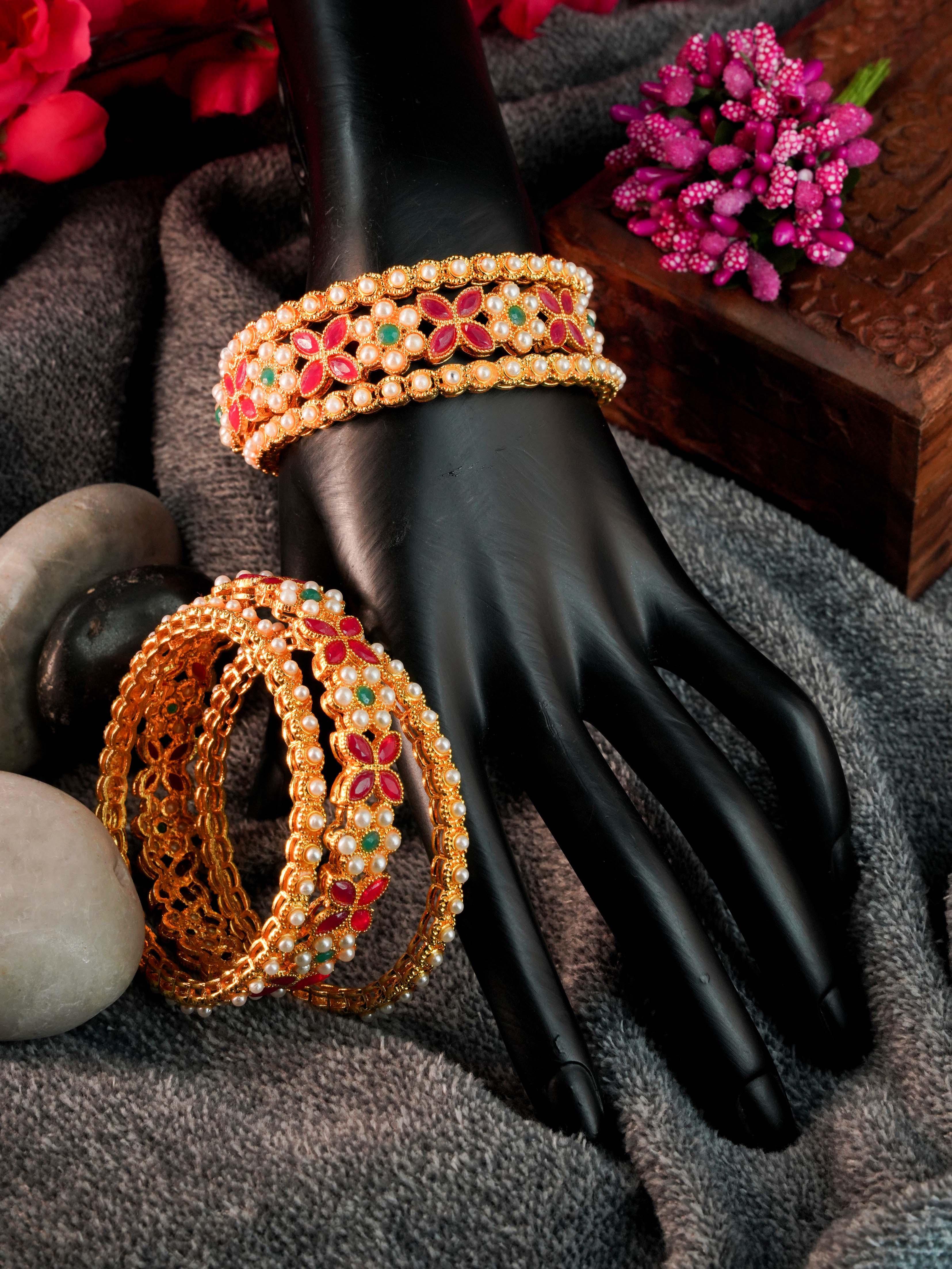 Gold Plated Set of 6 designer Bangles with Red stones7777A - Griiham