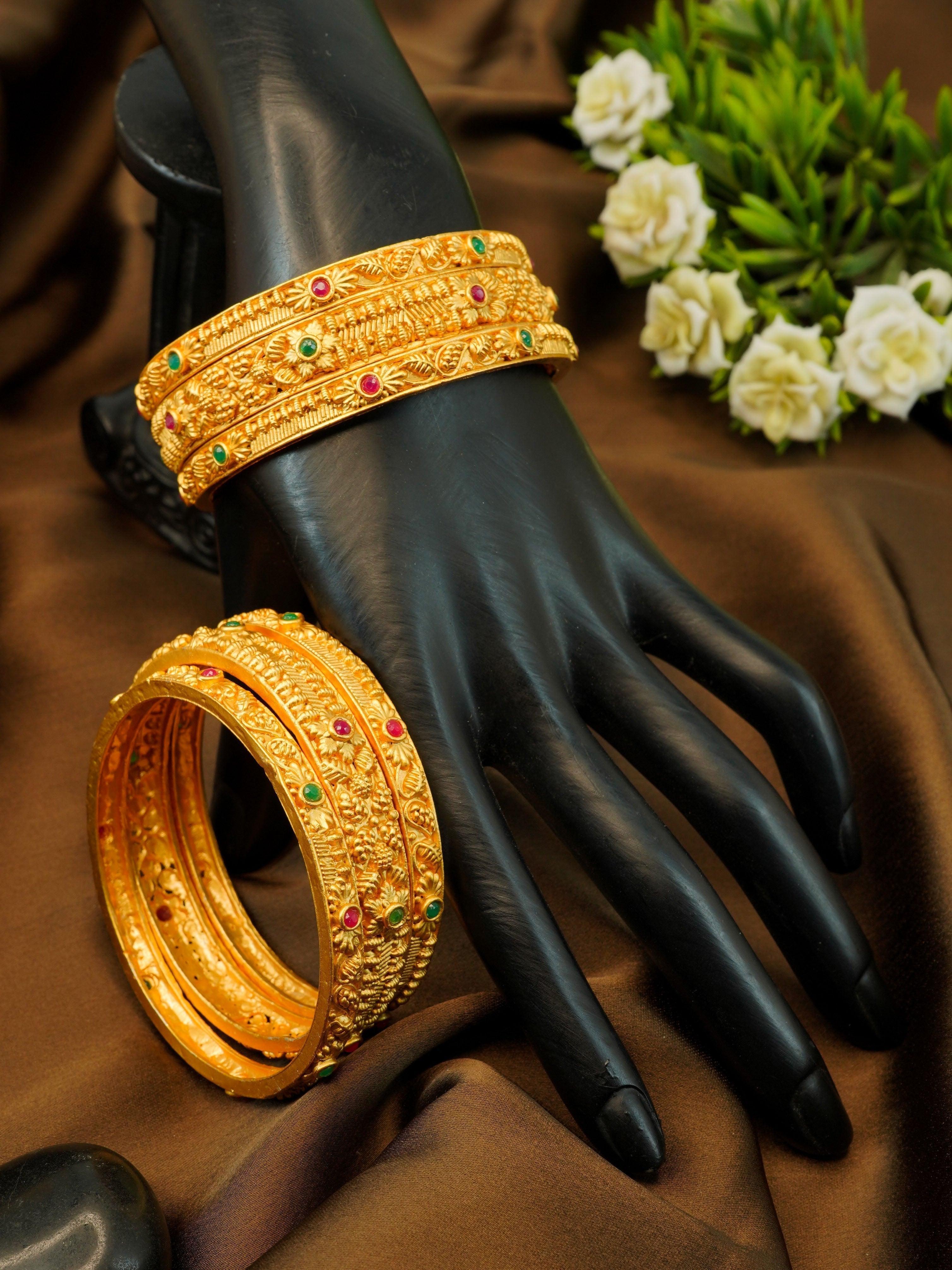 Gold Plated Set of 6 designer Bangles with colored stones 10196B - Griiham