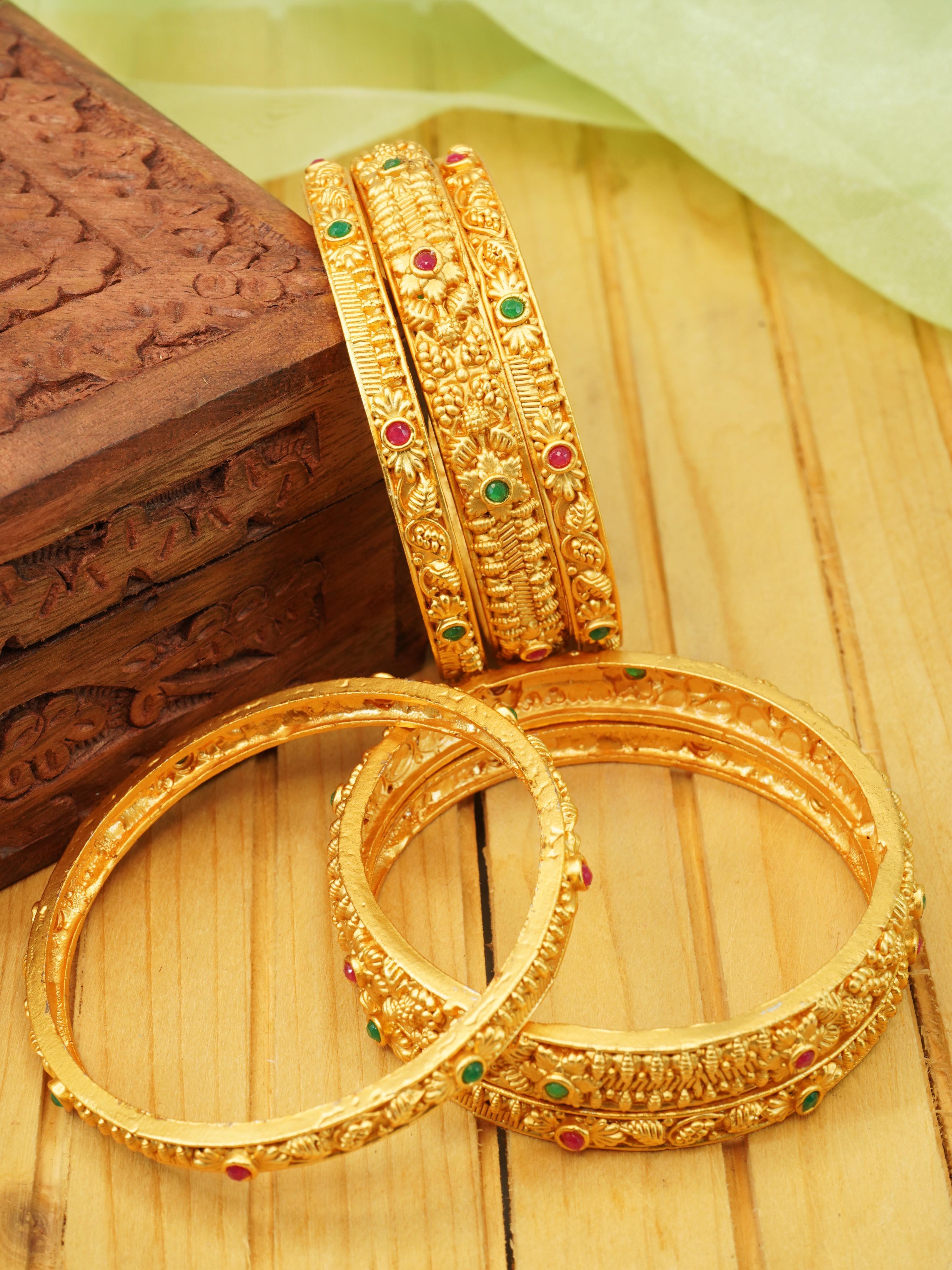 Gold Plated Set of 6 designer Bangles with colored stones 10196B - Griiham