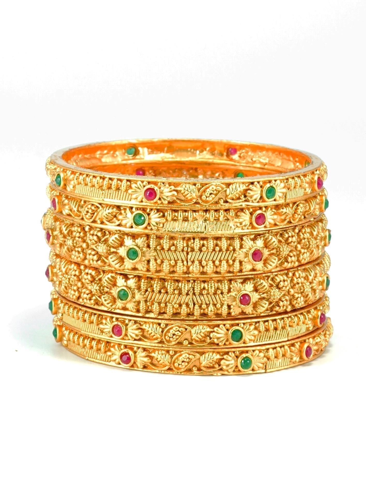 Gold Plated Set of 6 designer Bangles with colored stones 10196B - Griiham