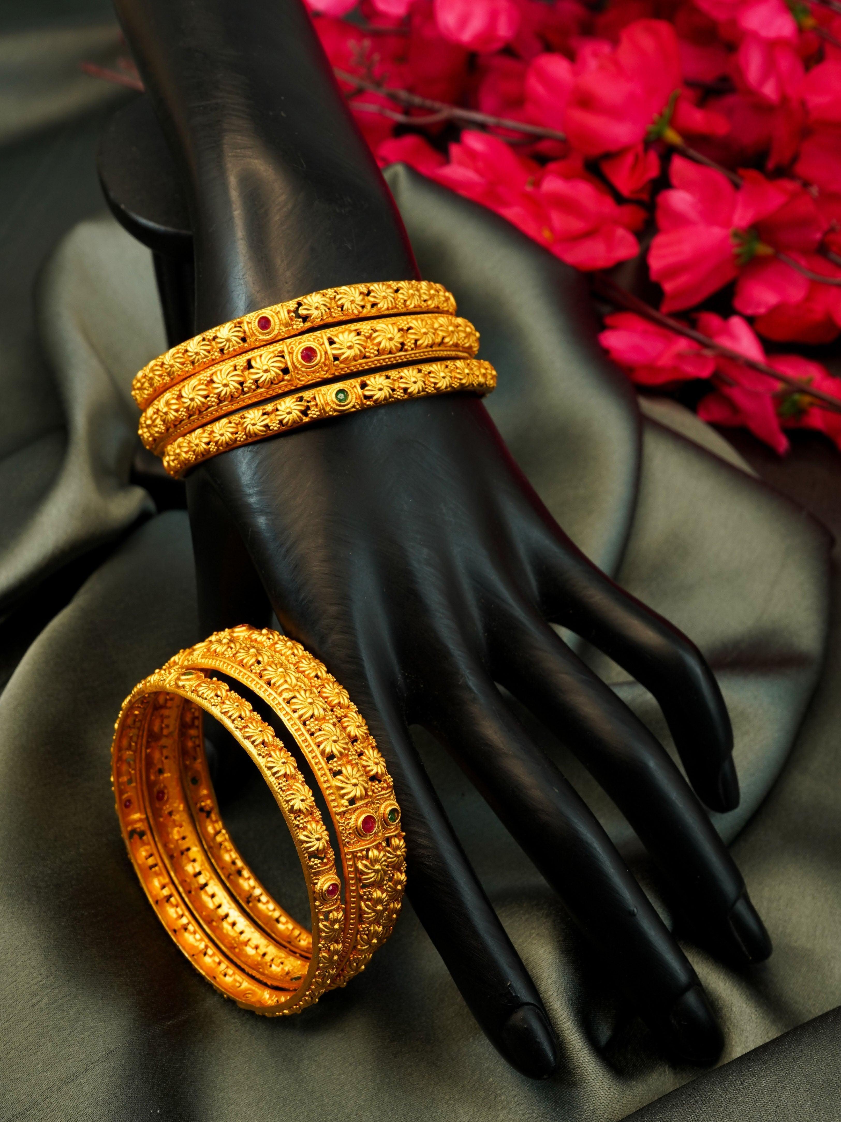 Gold Plated Set of 6 designer Bangles with colored stones 10207A - Griiham