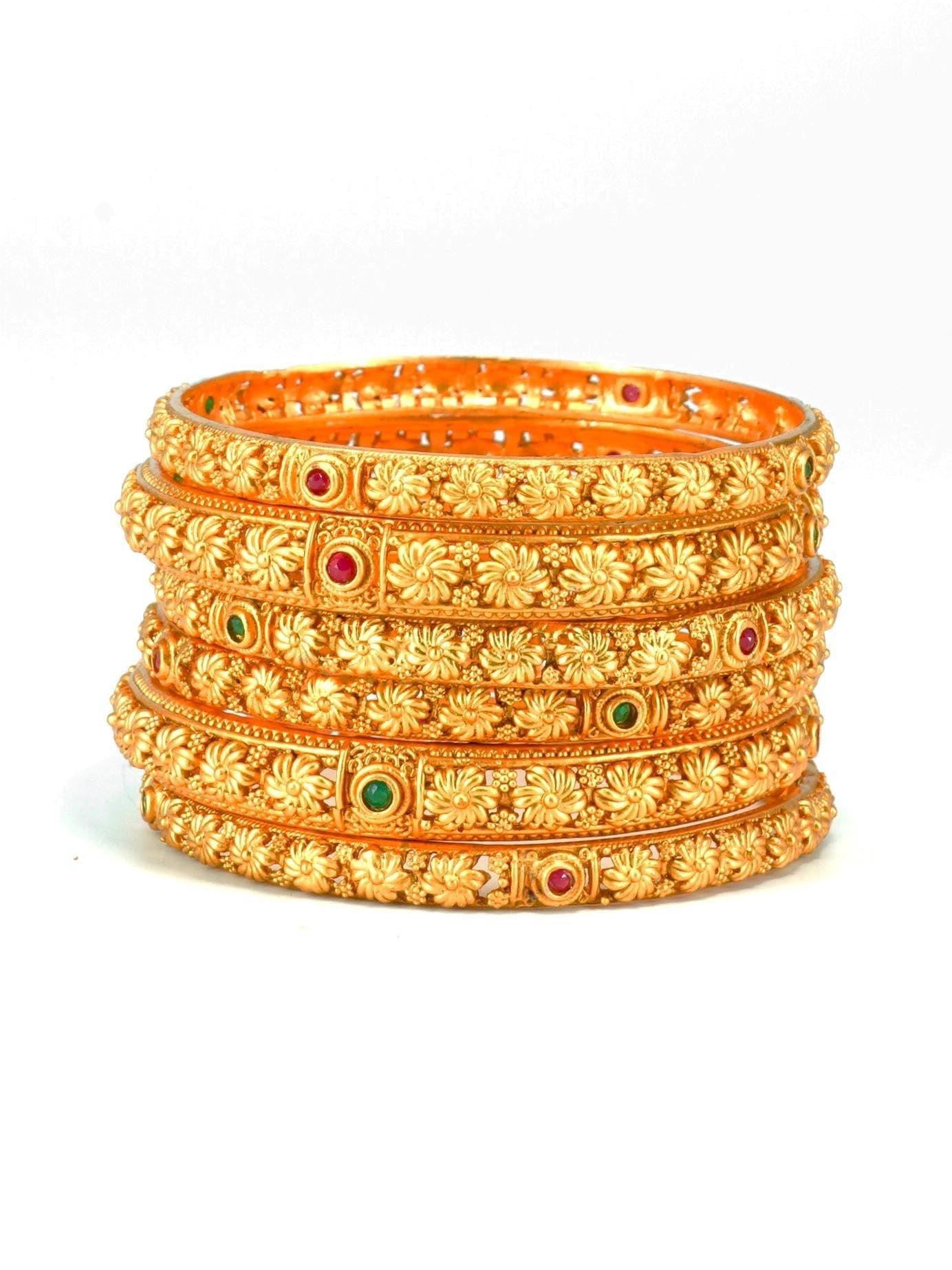 Gold Plated Set of 6 designer Bangles with colored stones 10207A - Griiham