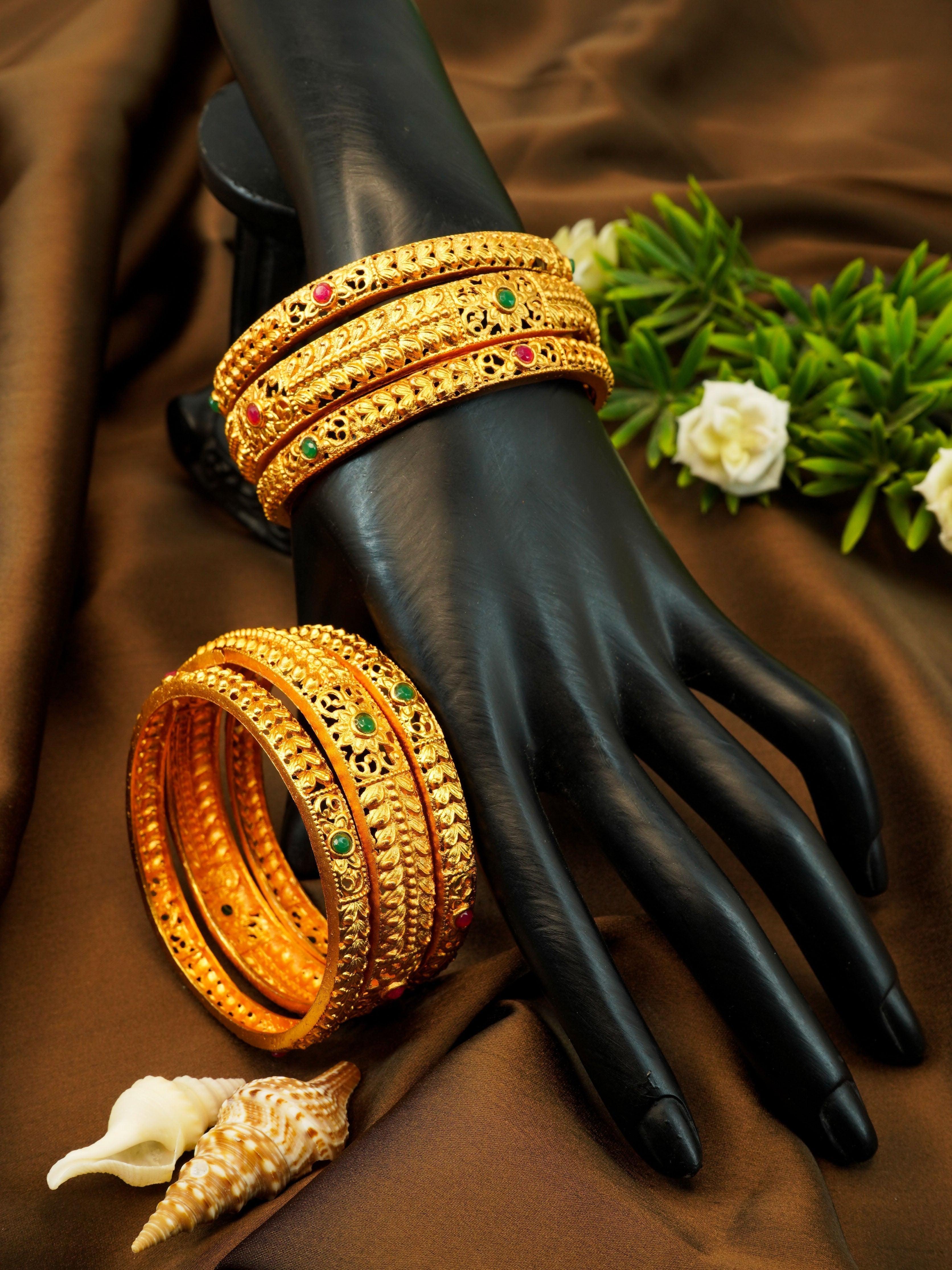 Gold Plated Set of 6 designer Bangles with colored stones 10240A - Griiham