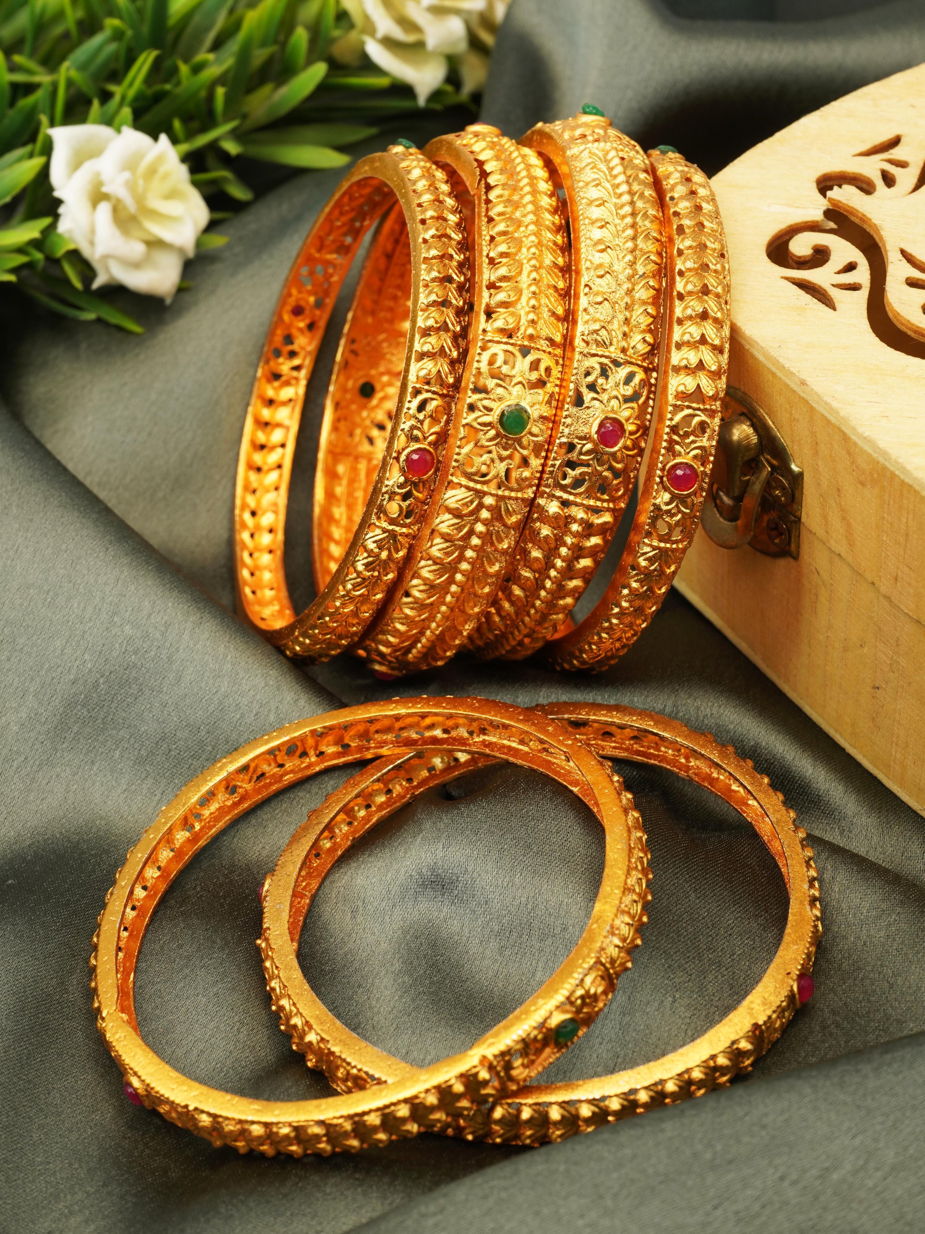 Gold Plated Set of 6 designer Bangles with colored stones 10240A - Griiham