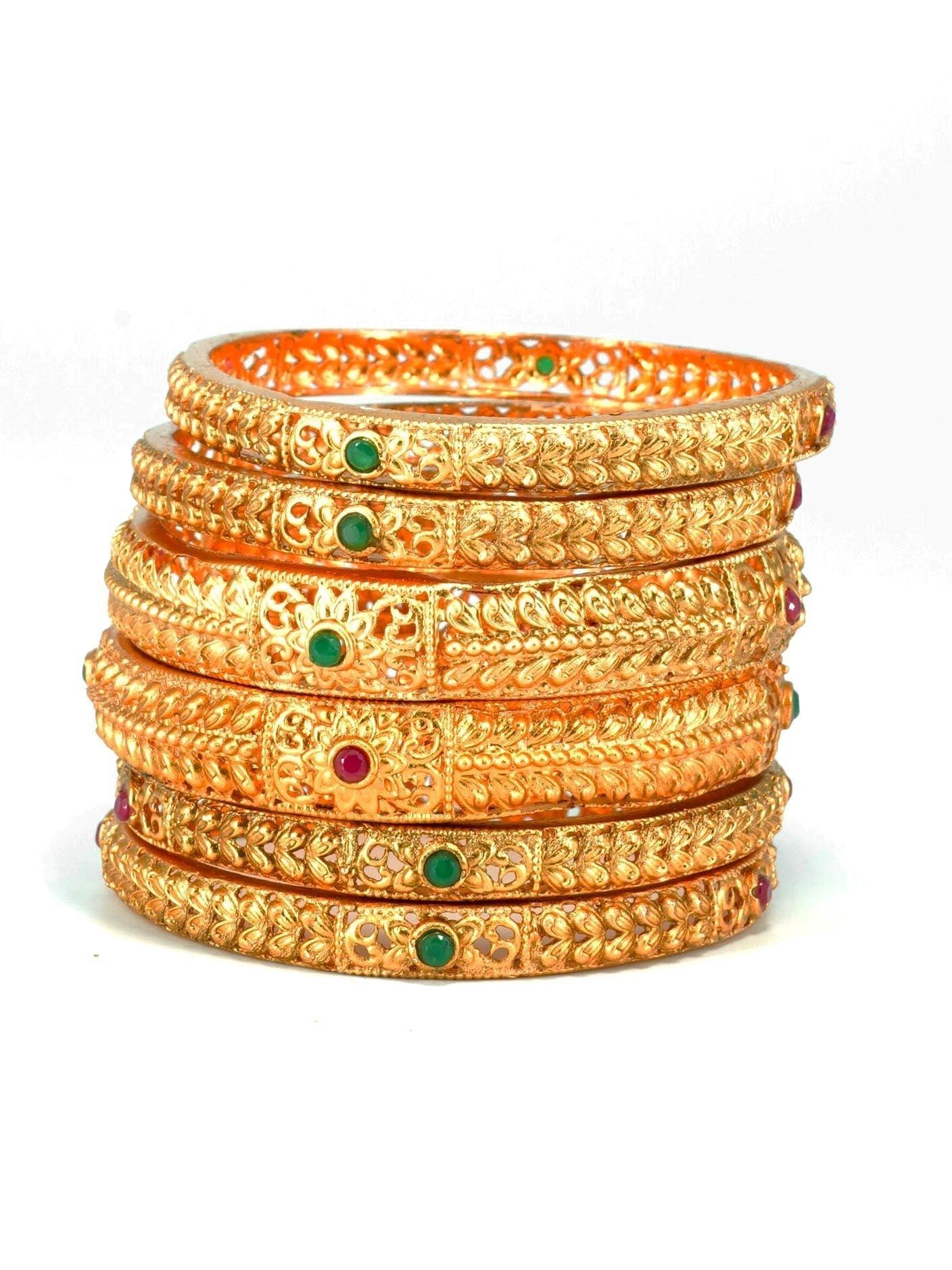 Gold Plated Set of 6 designer Bangles with colored stones 10240A - Griiham