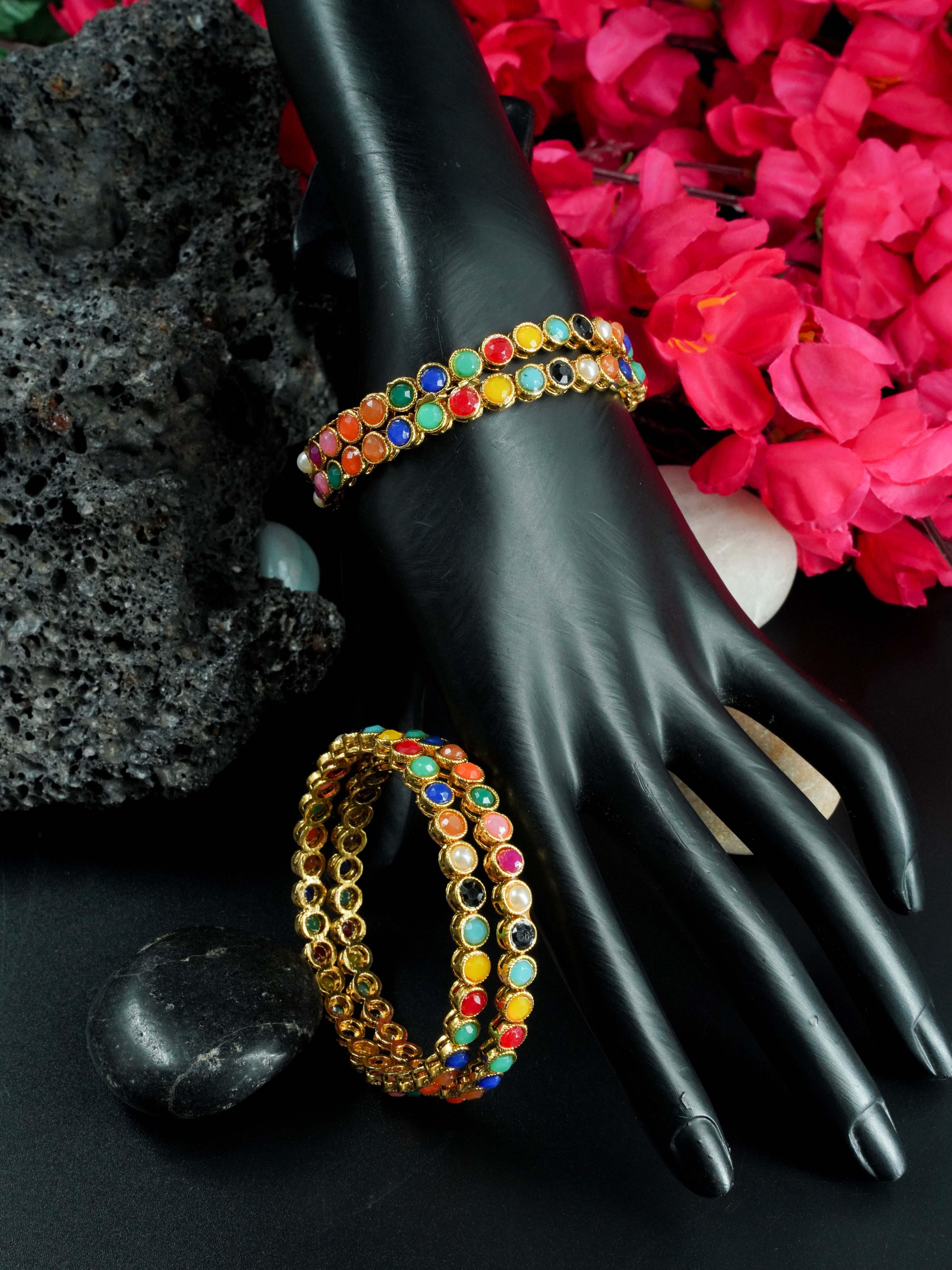 Gold Plated Set of4 designer Bangles with Multicolor stones 9326A - Griiham