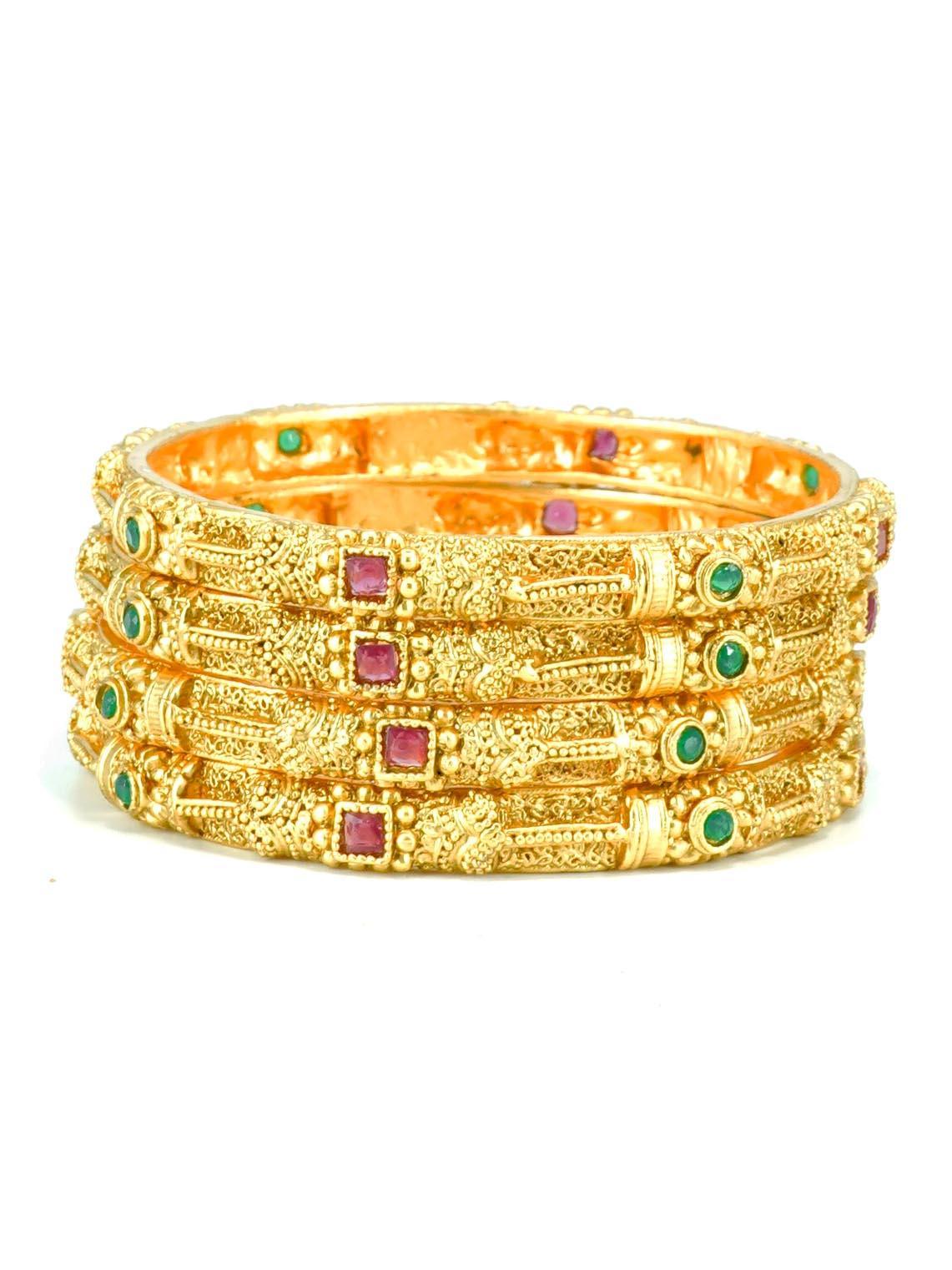 Gold Plated Set of4 designer Bangles with colored stones 10284A - Griiham