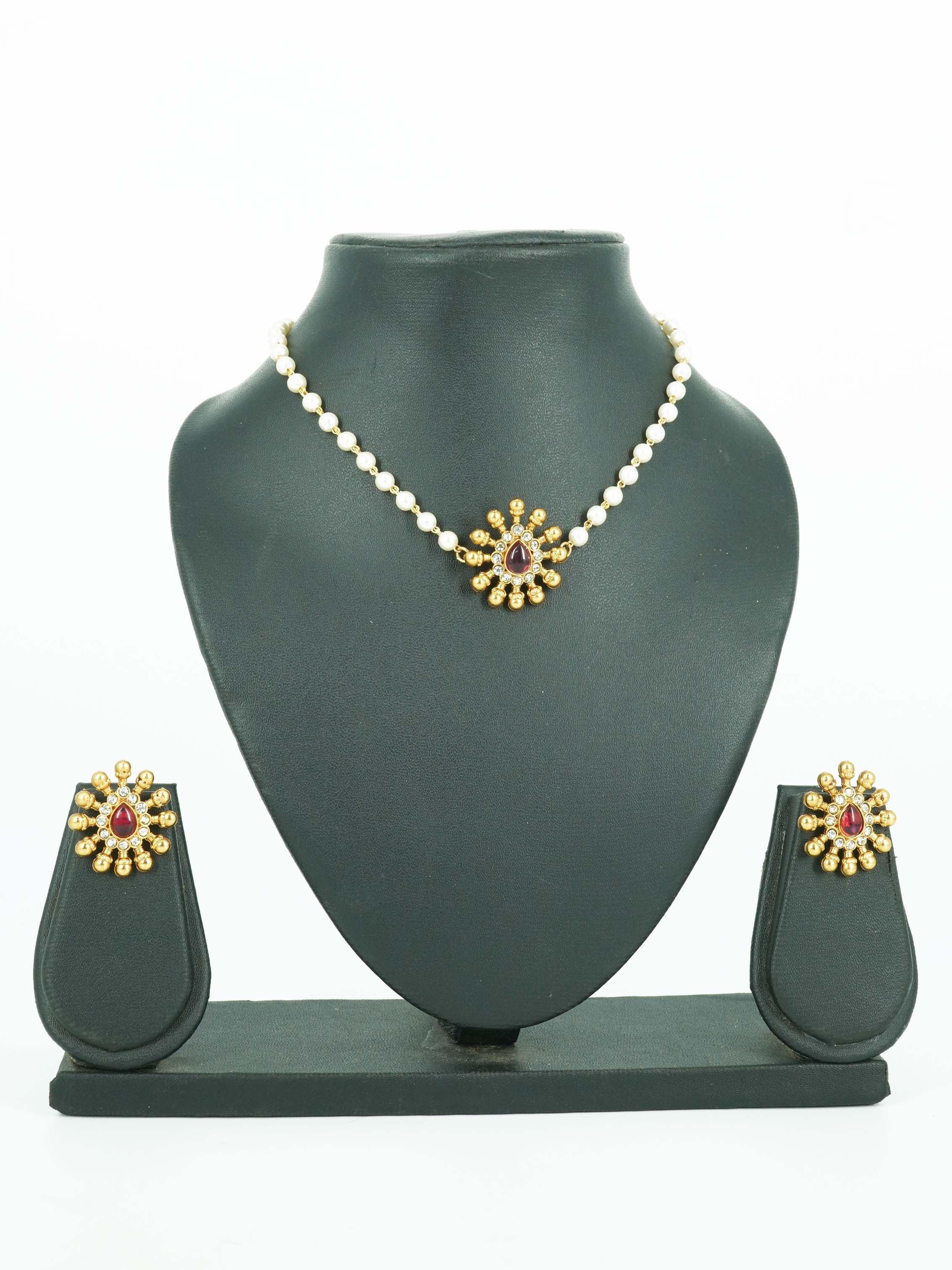 Gold Plated Simple All occasions Necklace Set with red and white stones 11909N - Griiham