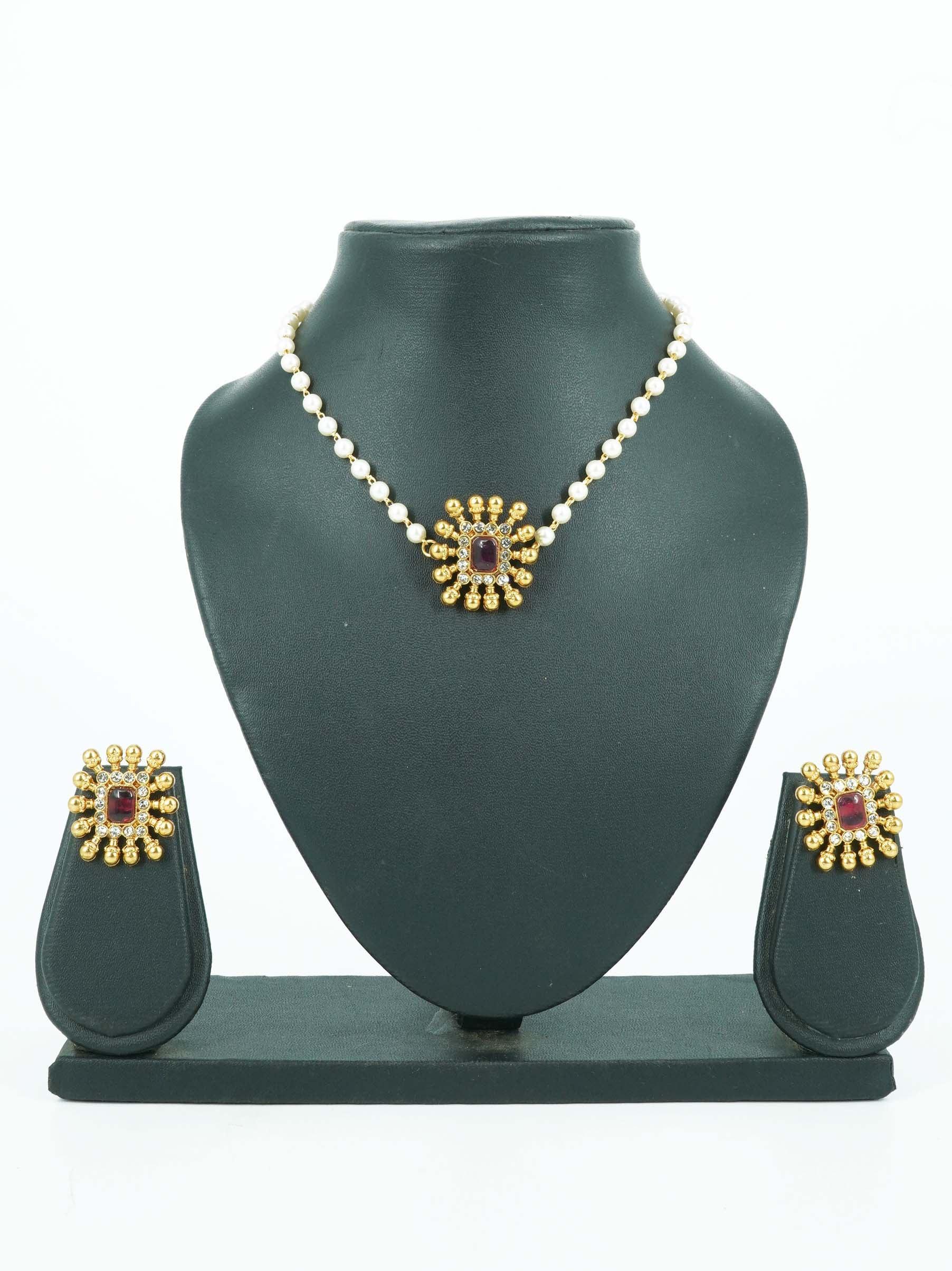 Gold Plated Simple All occasions Necklace Set with red and white stones 11910N - Griiham