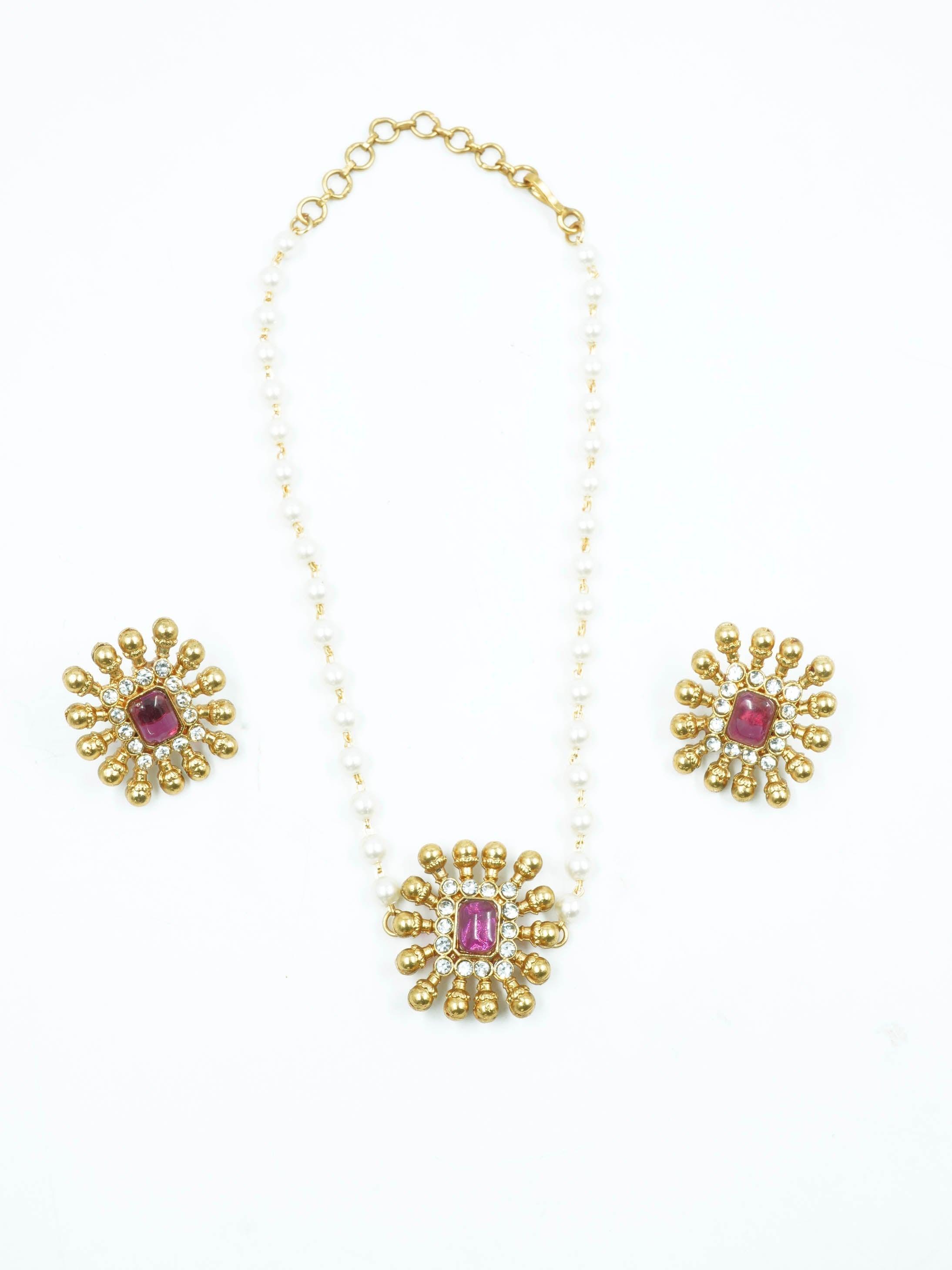 Gold Plated Simple All occasions Necklace Set with red and white stones 11910N - Griiham