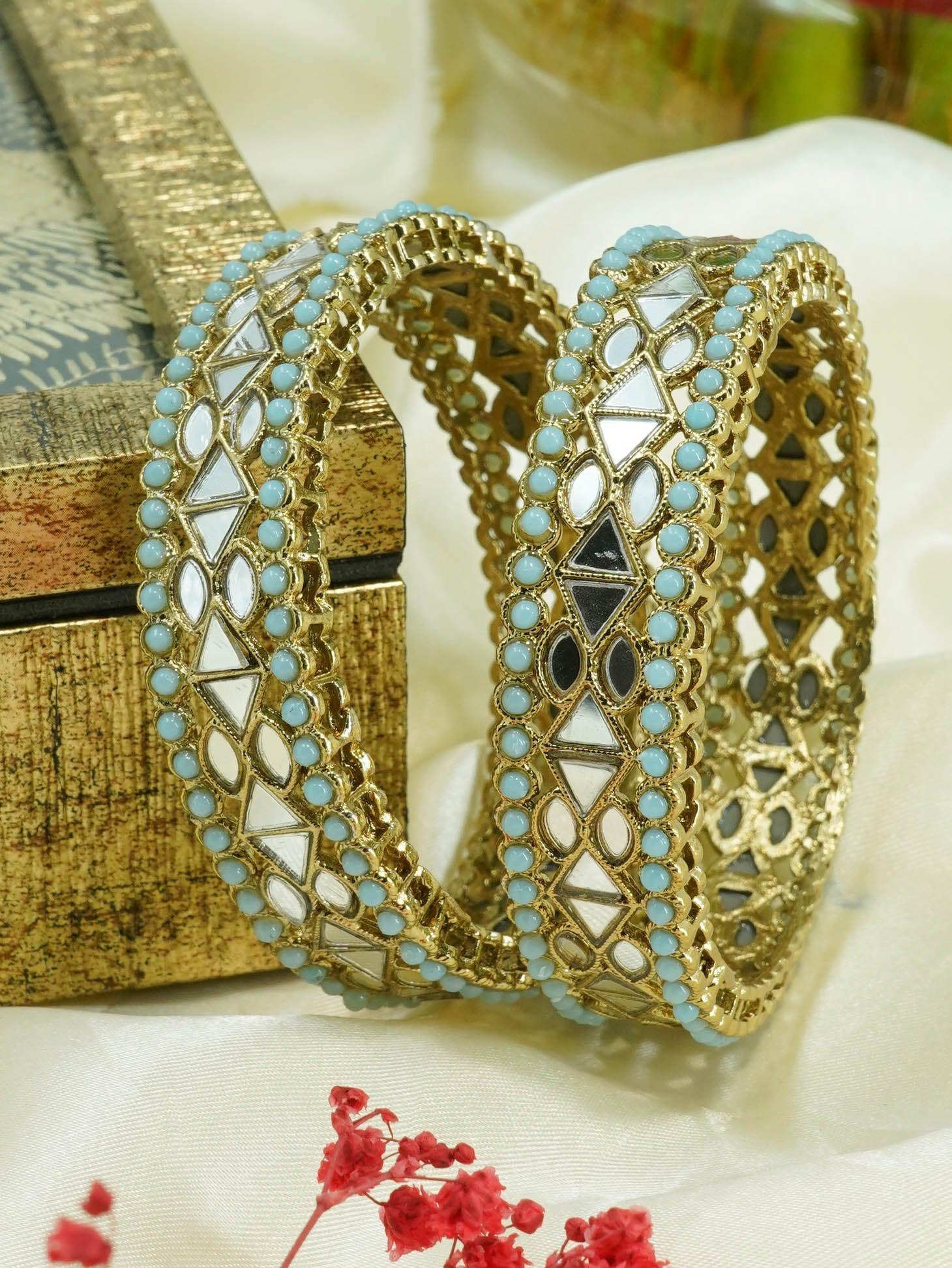 Gold Plated Studded Set of 2 Mehendi color bangles