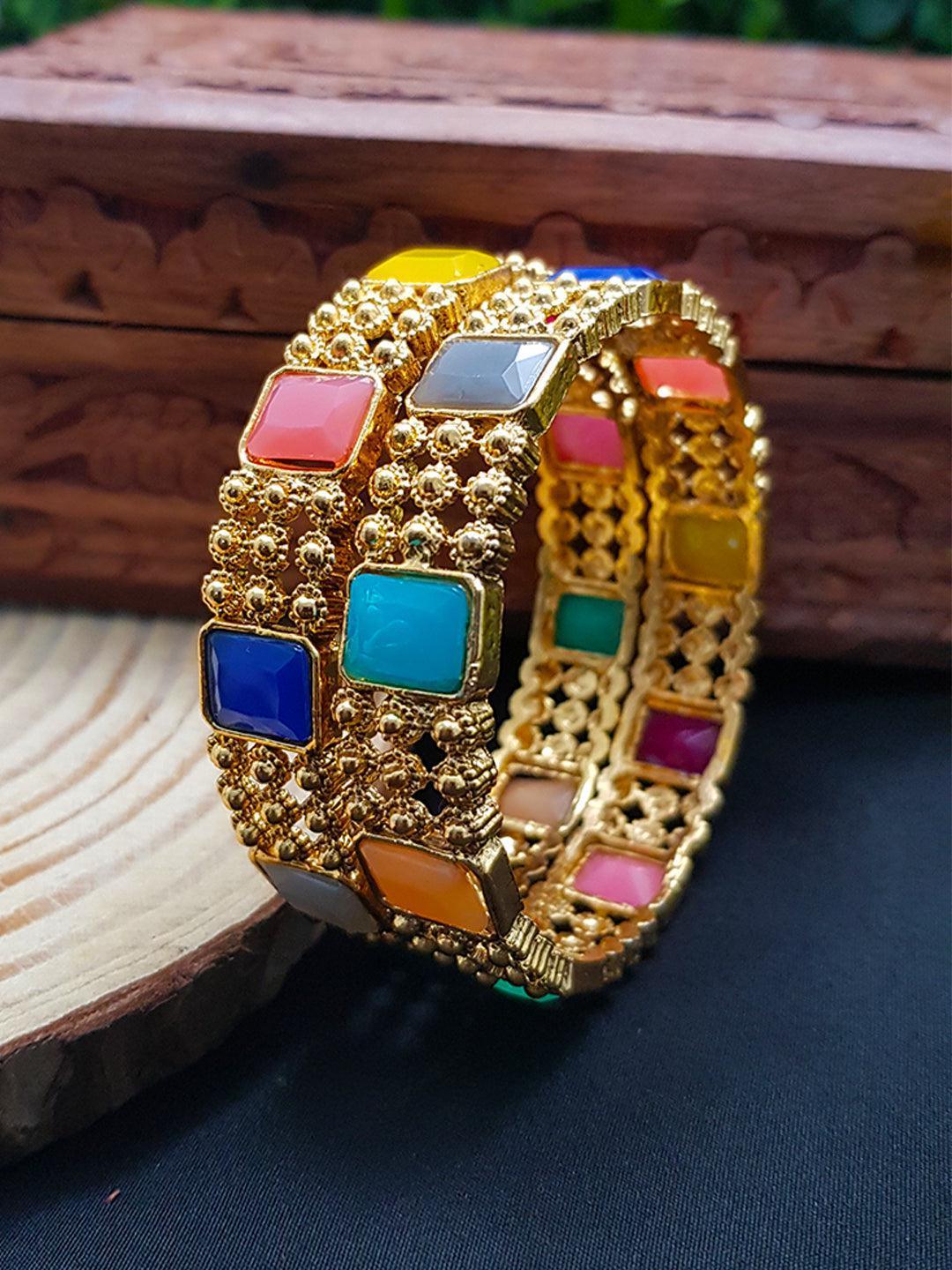 Gold Plated Studded Set of 2 Navaratana stone bangles