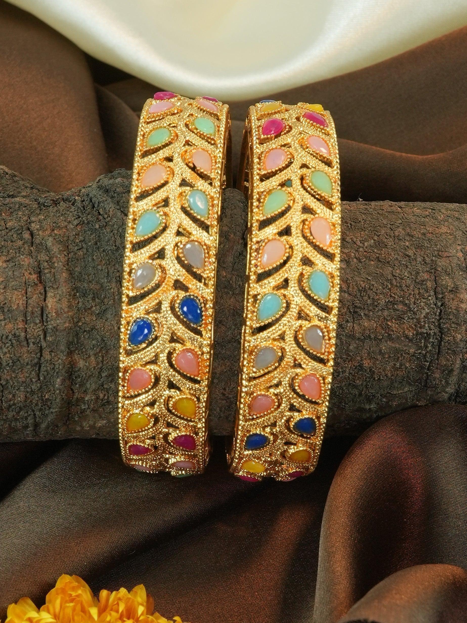 Gold Plated Studded Set of 2 broad bangles