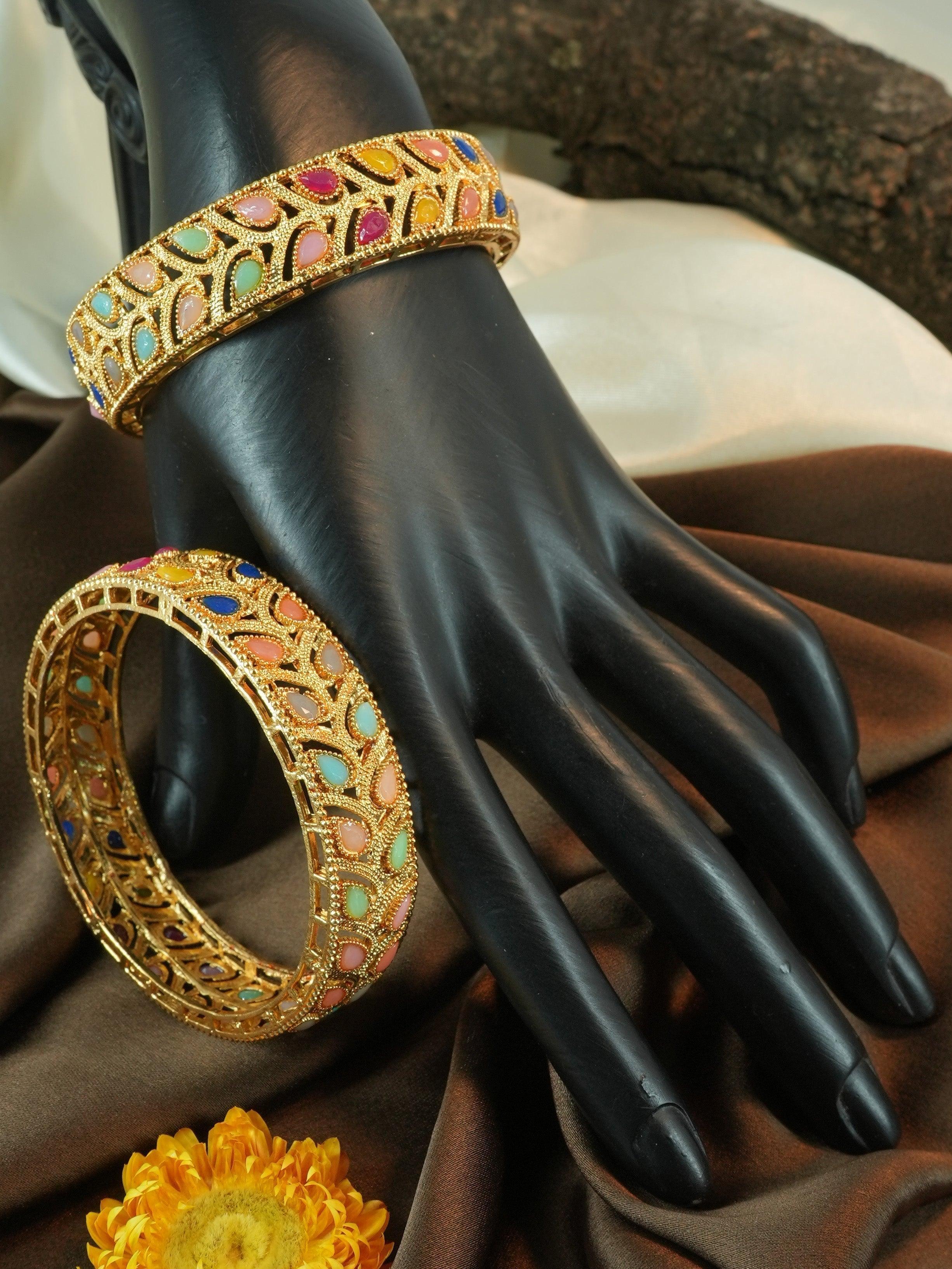 Gold Plated Studded Set of 2 broad bangles - Griiham