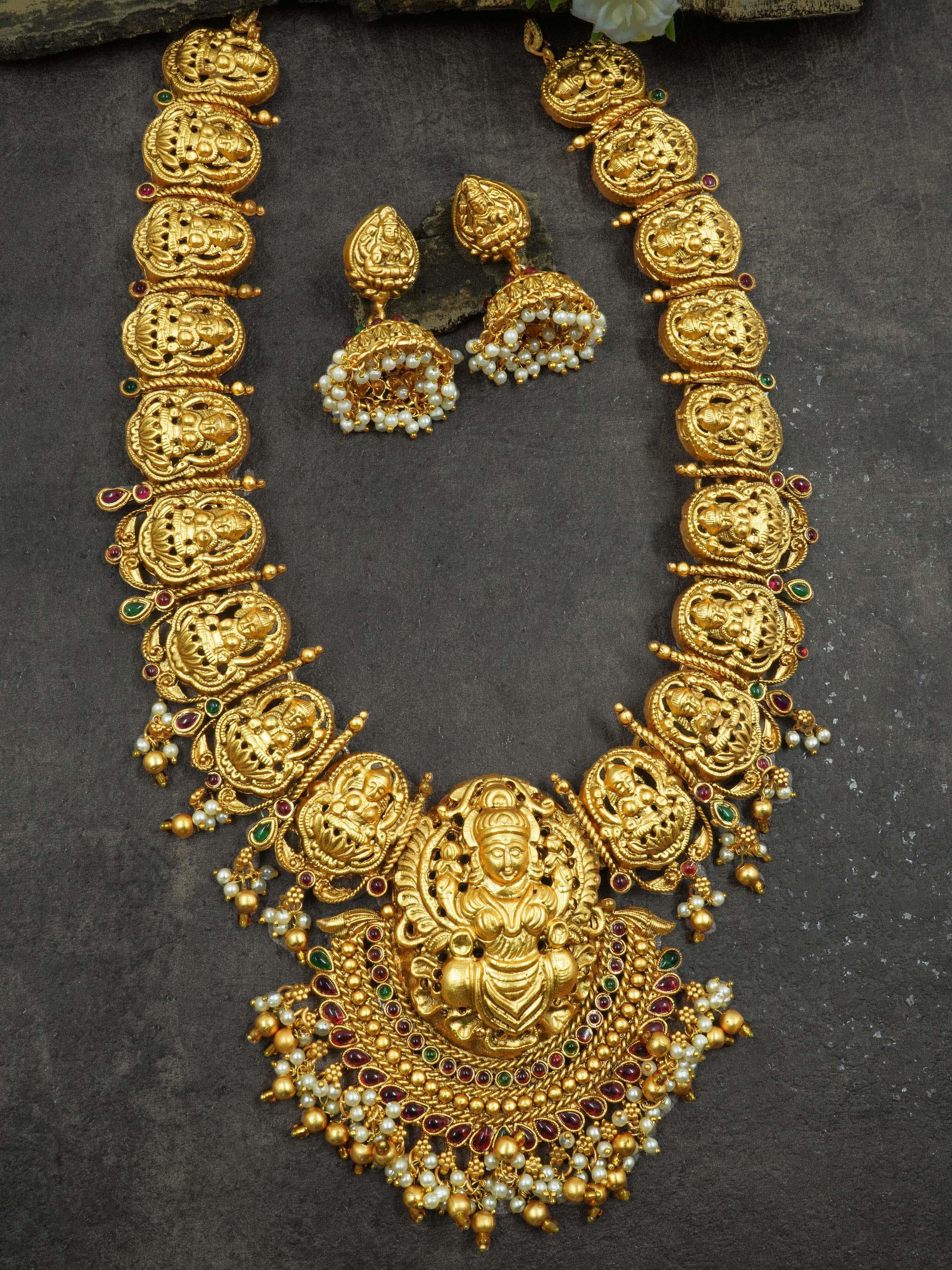 Gold Plated Temple Necklace Set with Multi Color Stones 13052N - Griiham