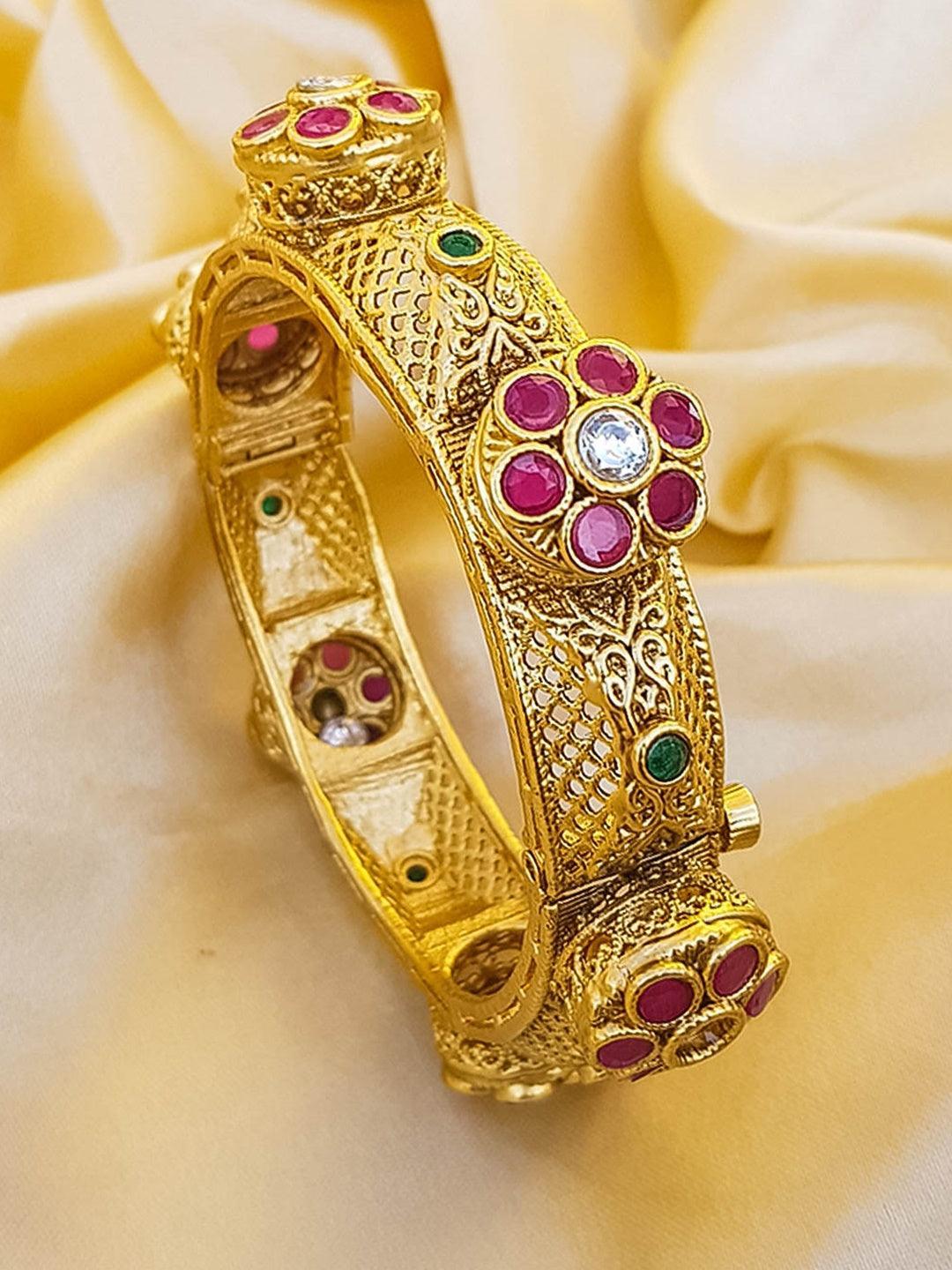 Gold Plated adjustable Kada Bangle with Jali work