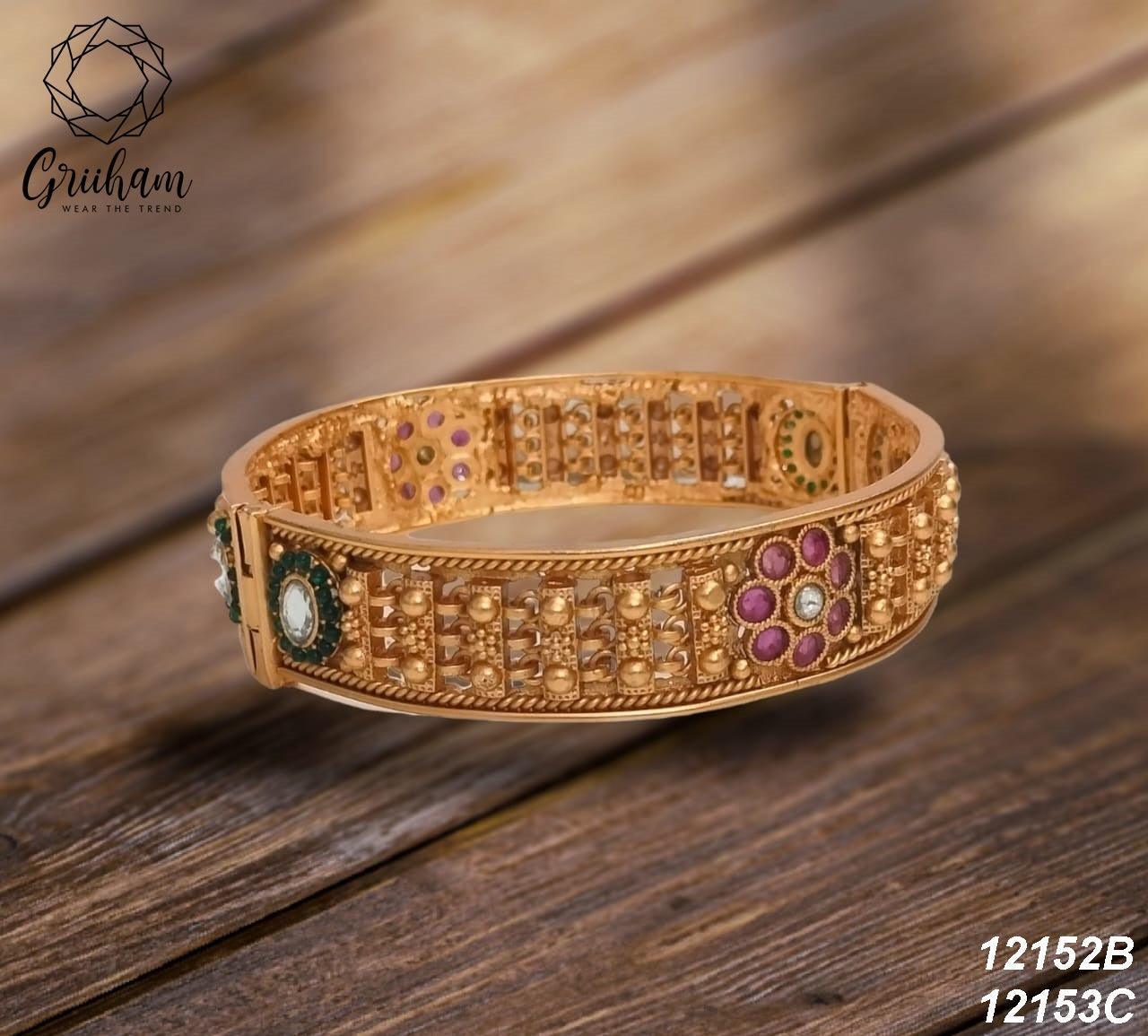 Gold Plated adjustable Rajwadi Kada Bangle with Kemp Stones - Griiham