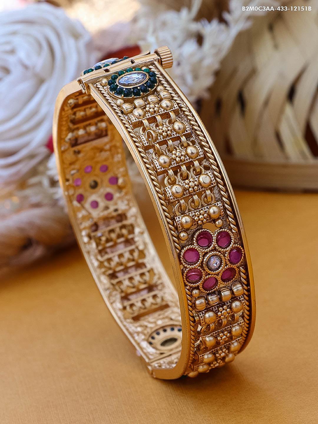 Gold Plated adjustable Rajwadi Kada Bangle with  Kemp Stones