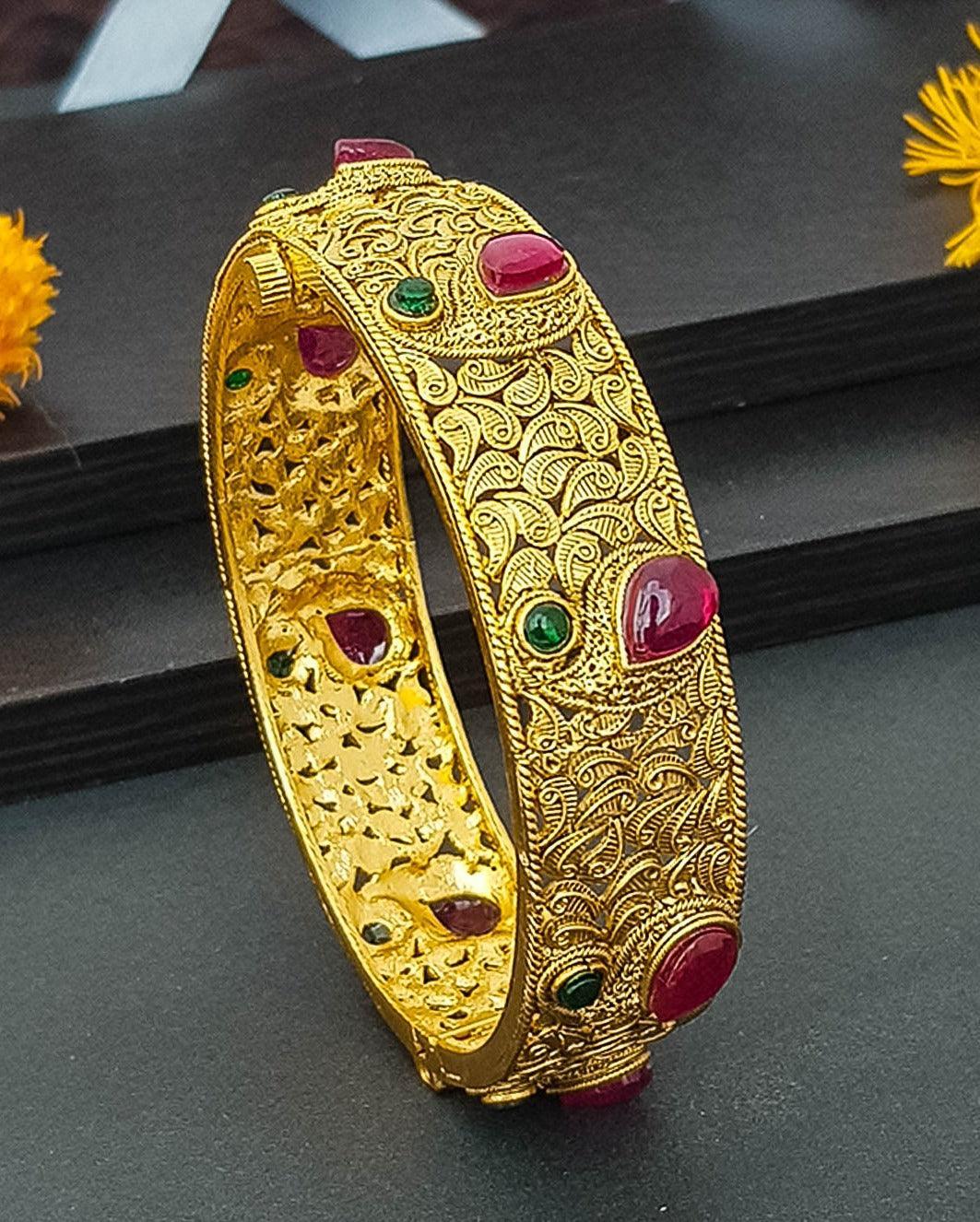 Gold Plated adjustable Rajwadi Kada Bangle with Kemp Stones with screw - Griiham